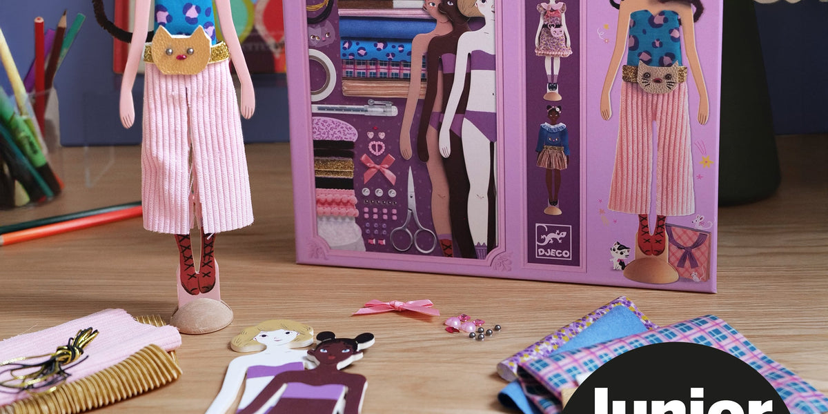Djeco craft kit of paper doll and outfits to make with Junior Design Awards badge