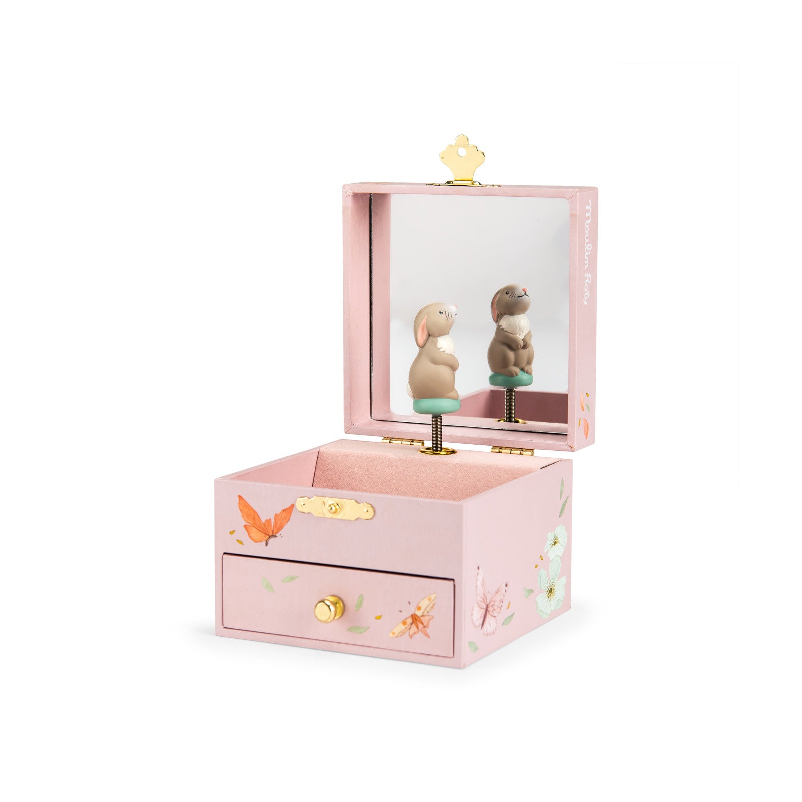 Pink jewelry box with two small animal figurines inside on a white background