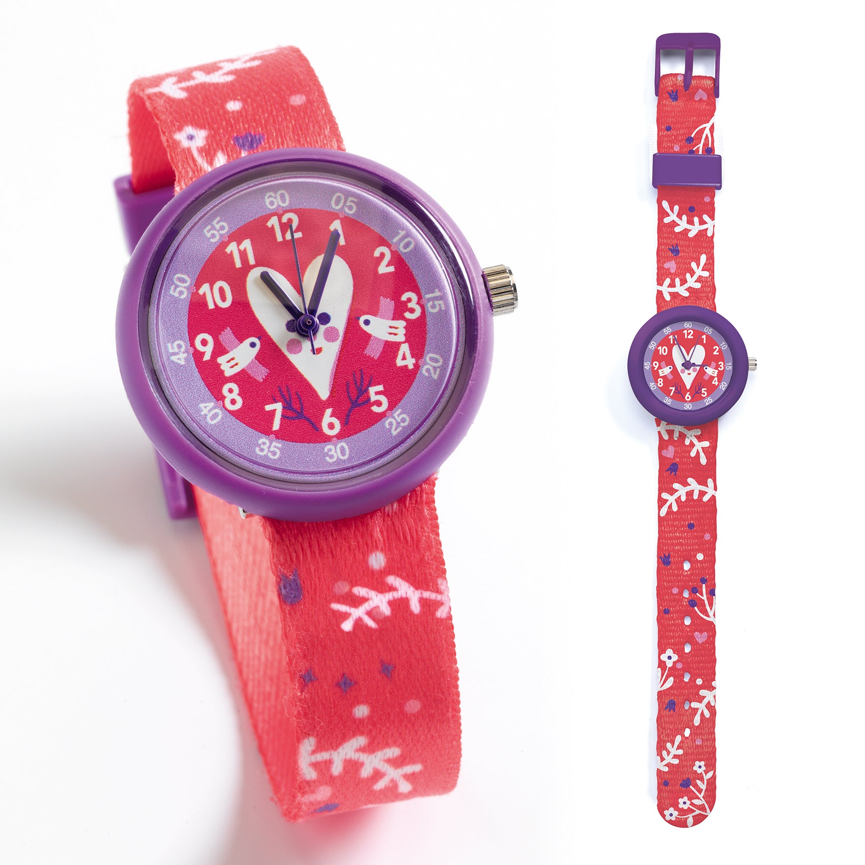 Children's watch with a red strap and purple casing on a white background