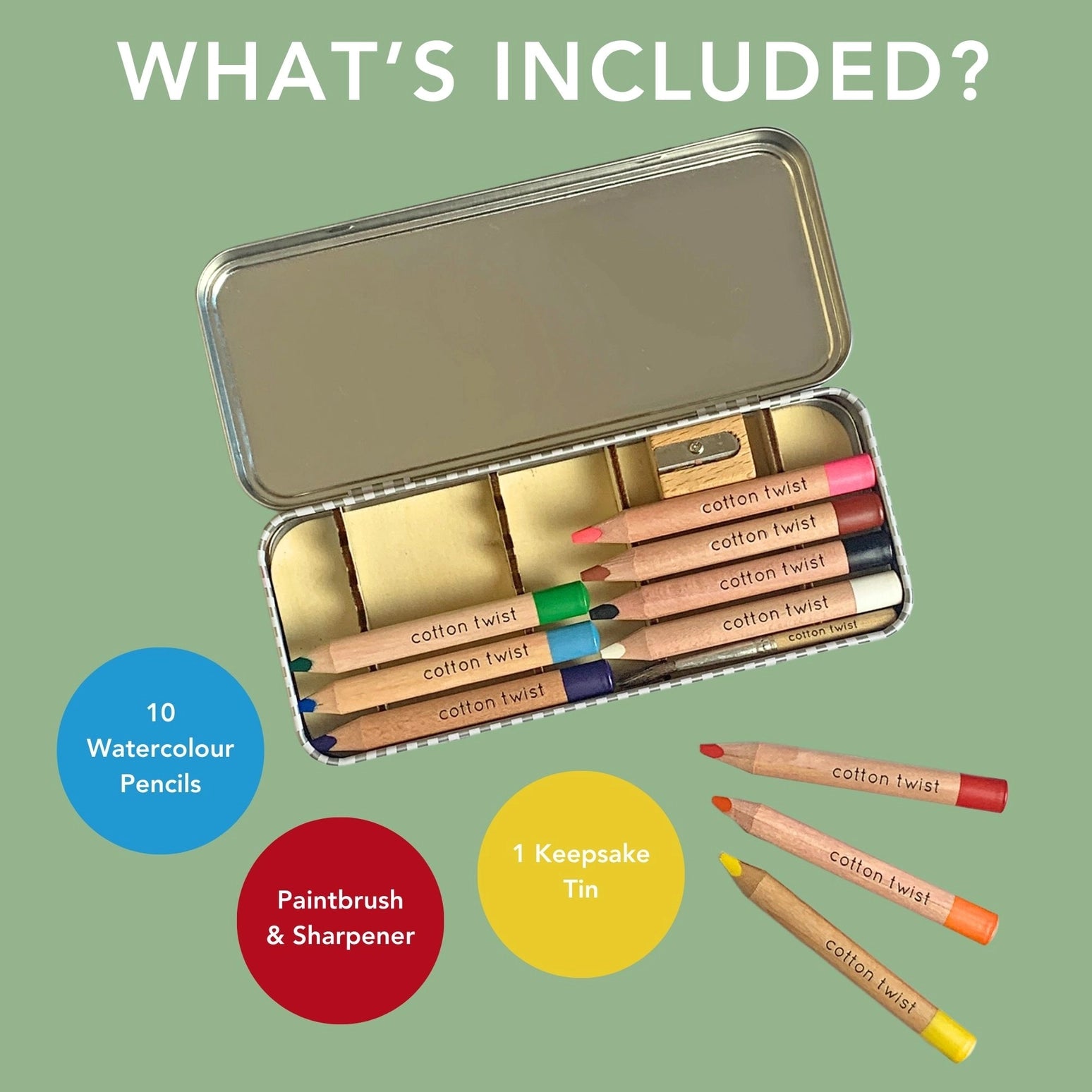 Set of watercolor pencils in a keepsake tin with text indicating included items on a green background.