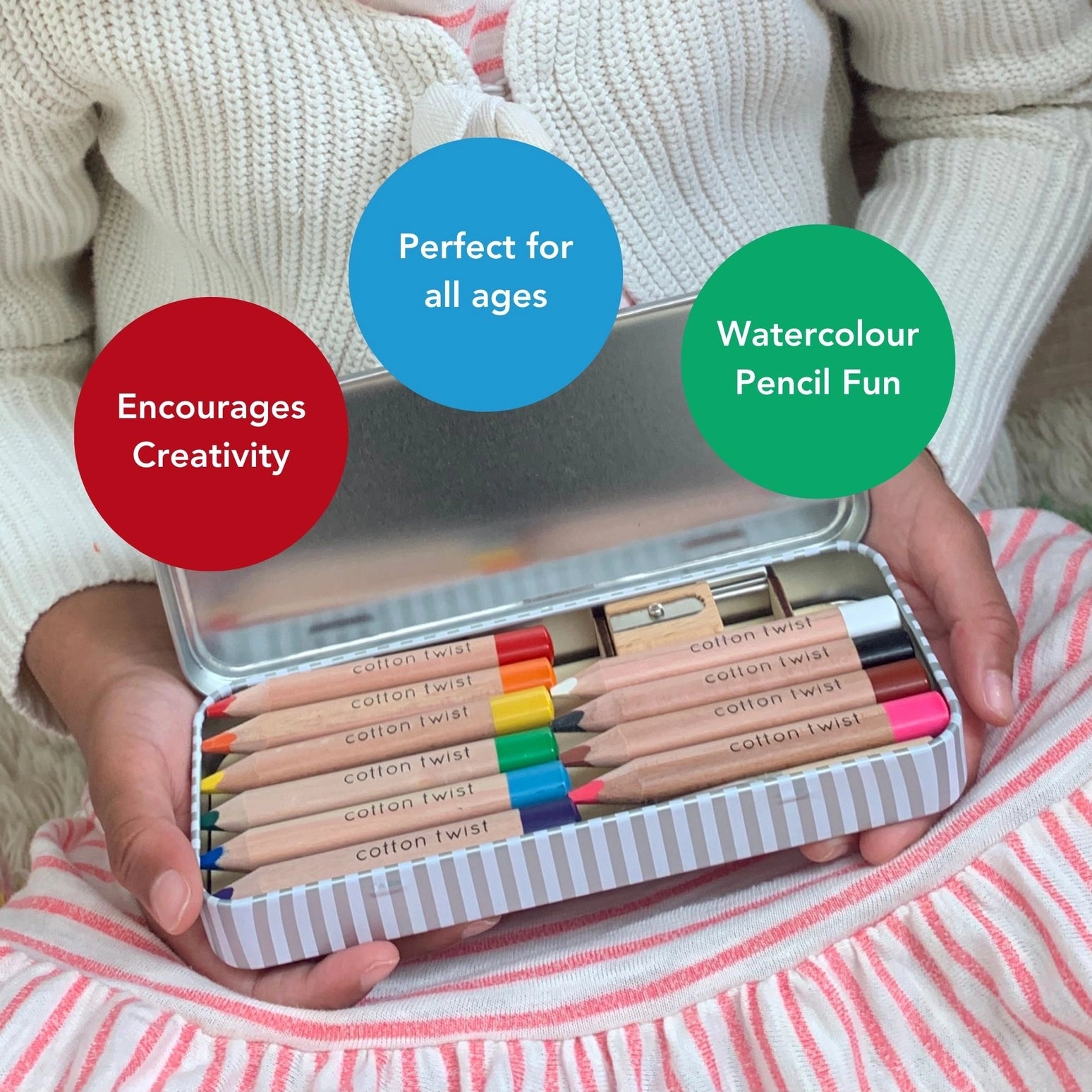 Set of watercolor pencils in a tin held by a child, with text highlighting features.