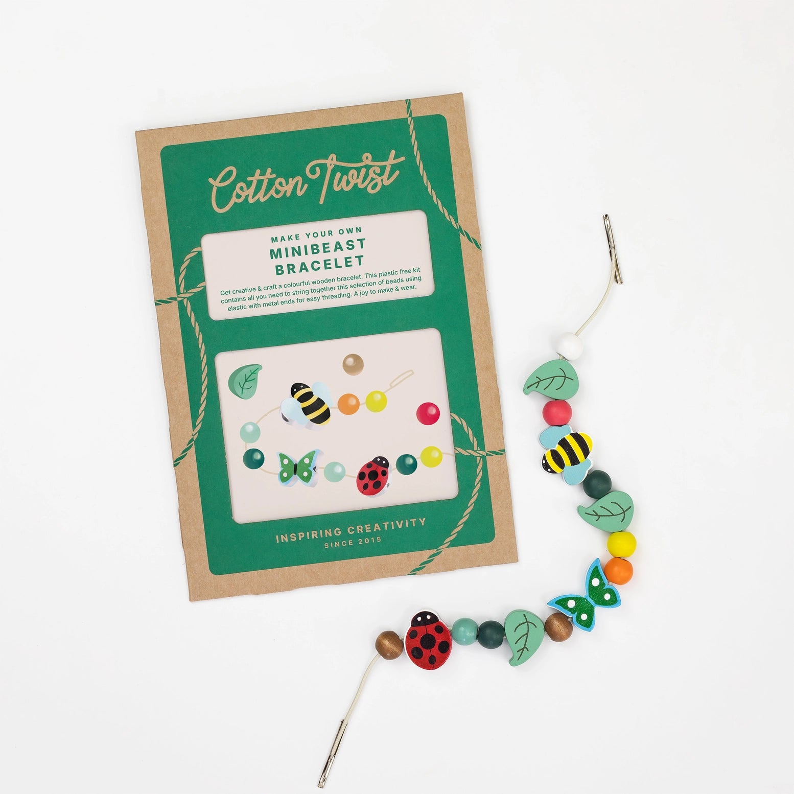Make-your-own mini-beast bracelet kit with packaging on a white background