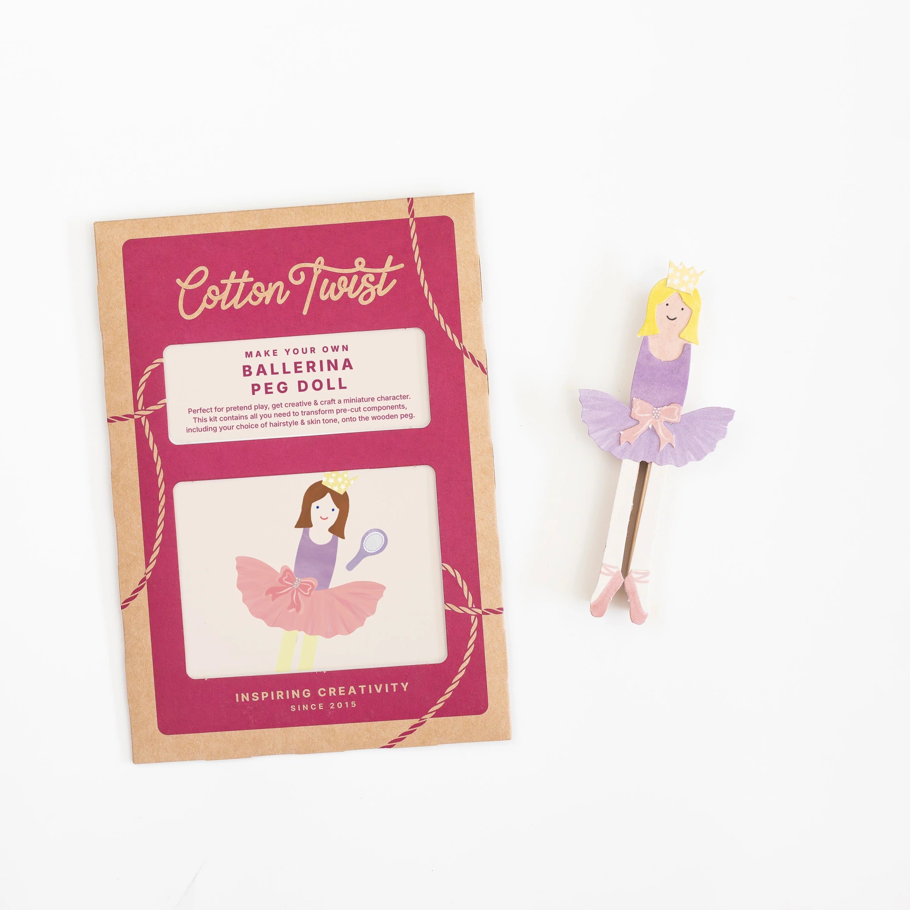 Cotton Twist ballerina peg doll kit with packaging on a white background