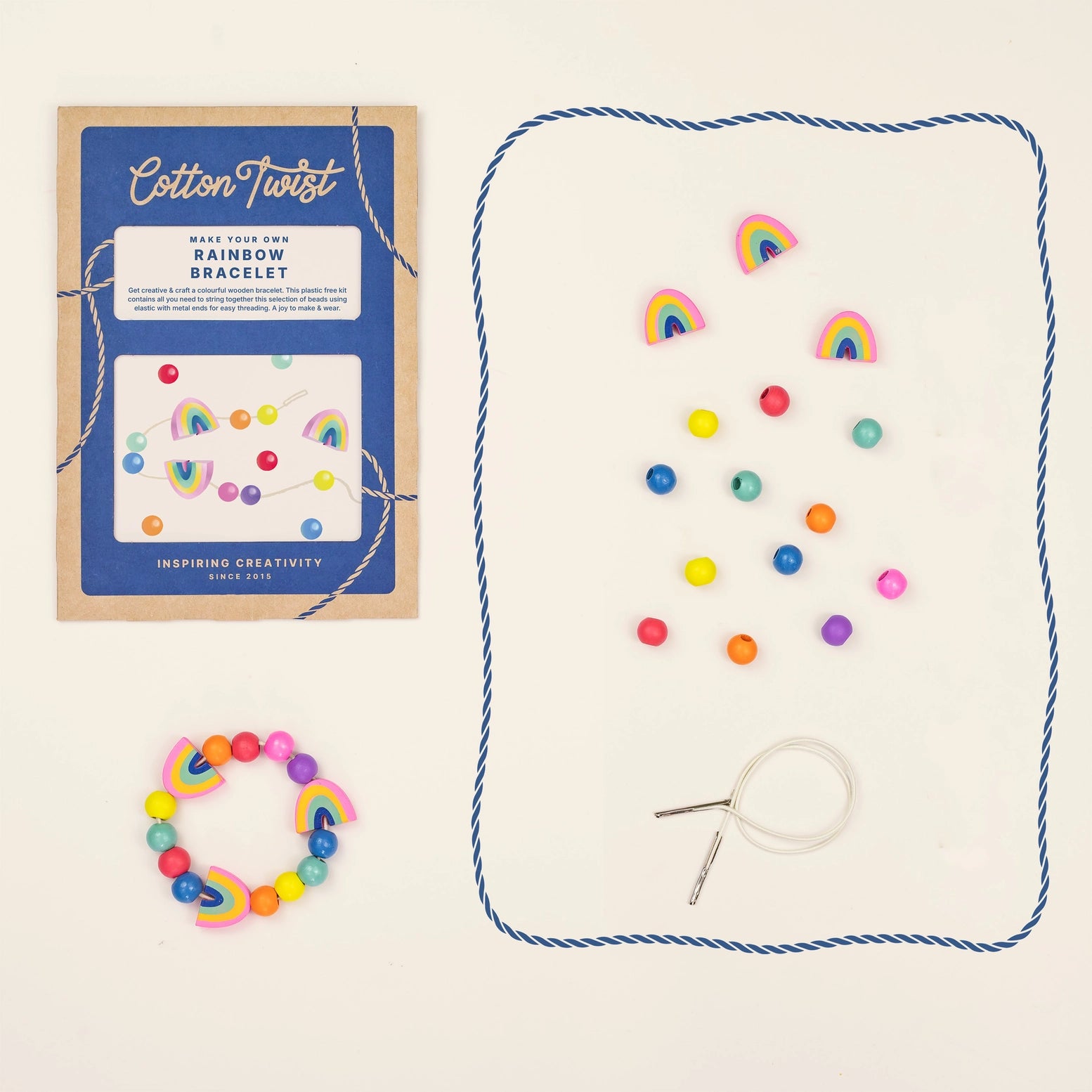 Rainbow bracelet-making kit with packaging and materials on a white background