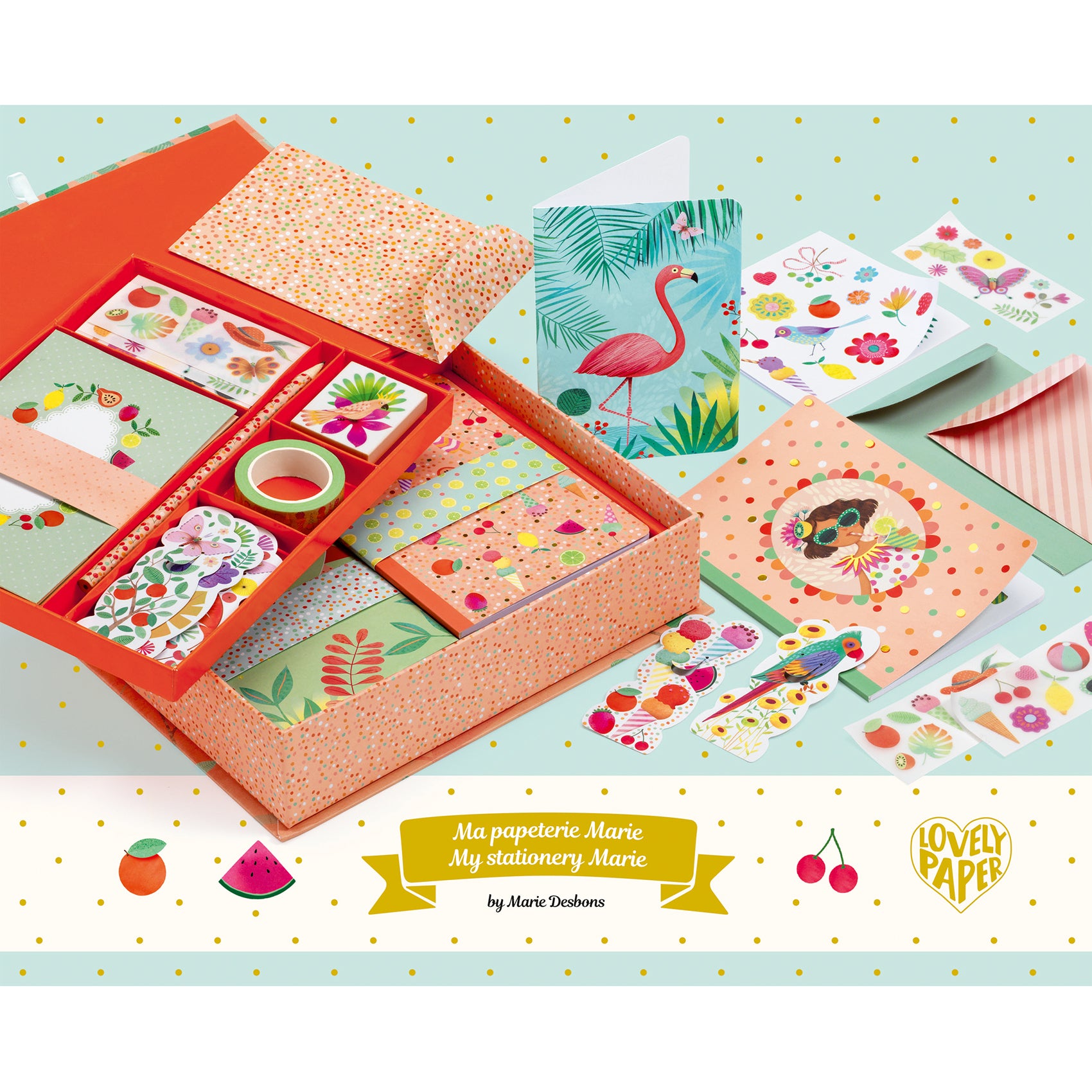 Colorful stationery set with notebooks, stickers, and envelopes on a light blue background.