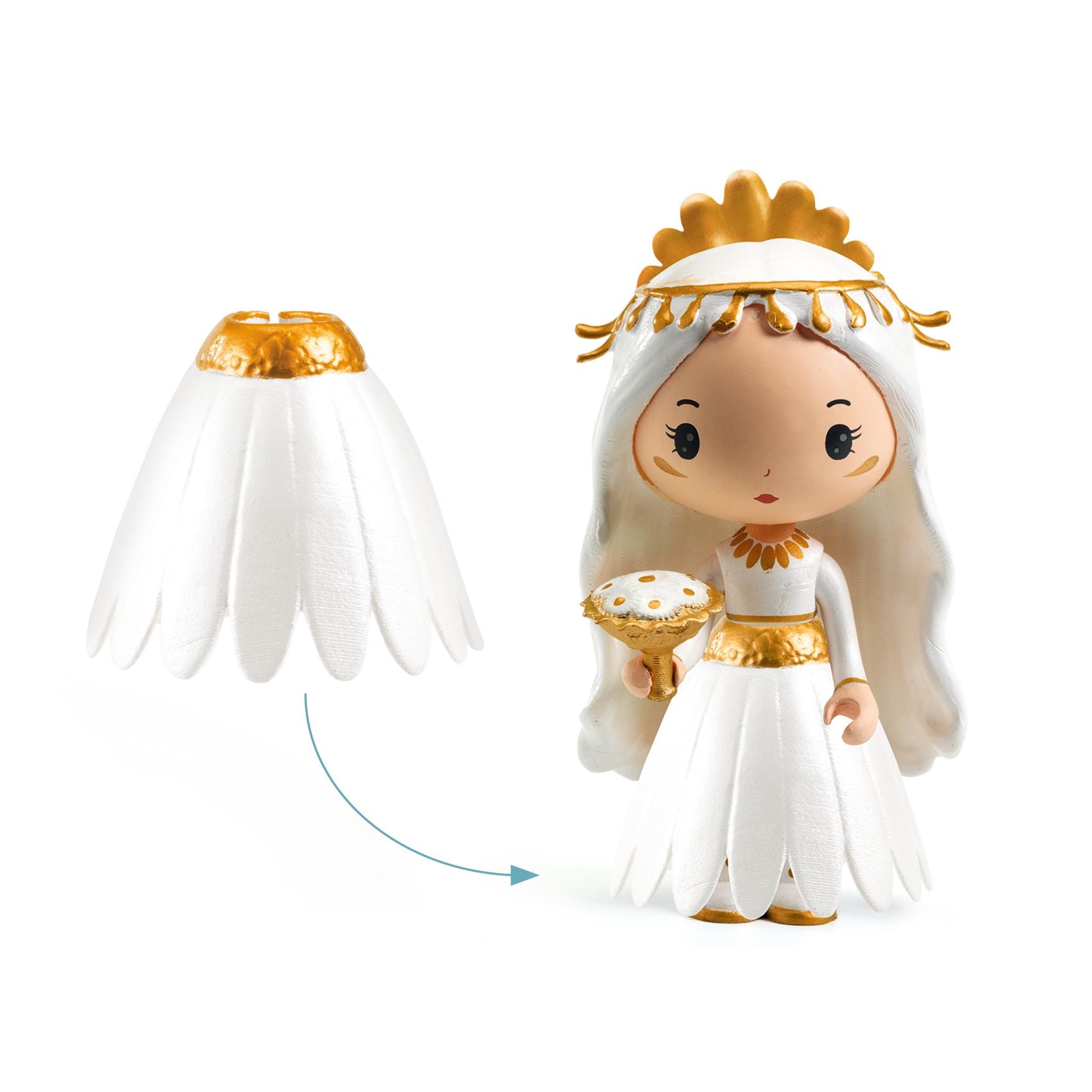 Toy figure of a character in a white and gold wedding outfit with a detachable flower accessory on a white background.