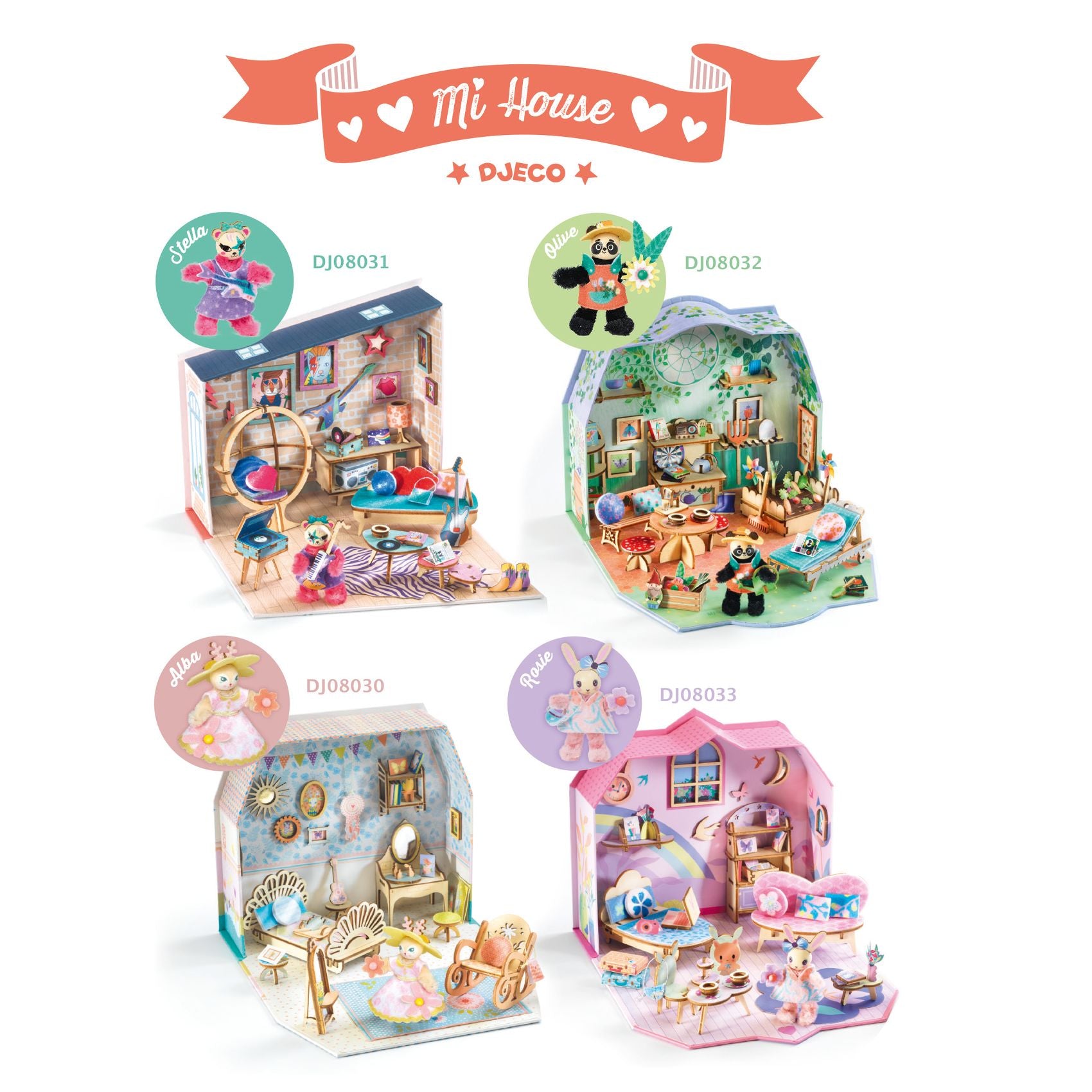 Collection of miniature dollhouse sets with colorful interiors and furniture, featuring the brand 'Mi House' and 'DJECO'.