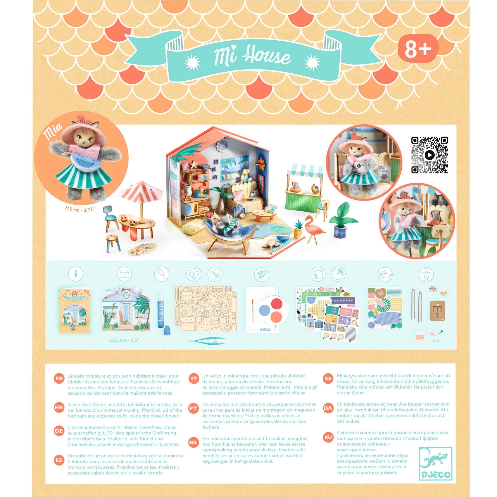 Product packaging for a dollhouse with illustrations and text on a decorative background