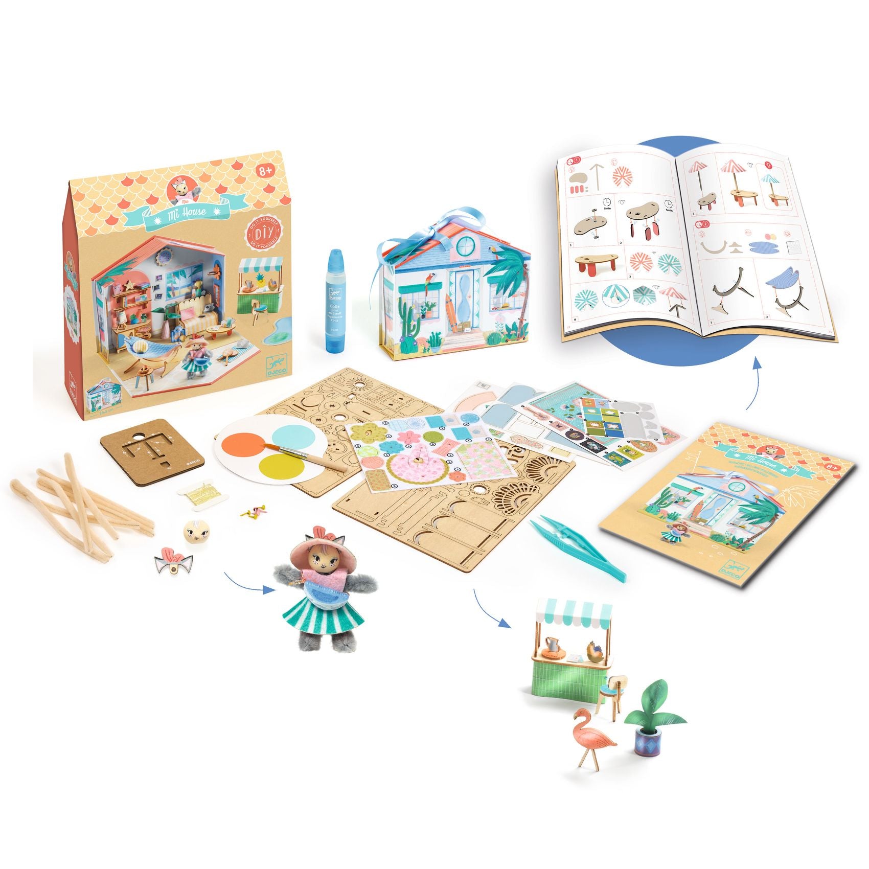 Children's playset with wooden pieces, book, and toys on a white background