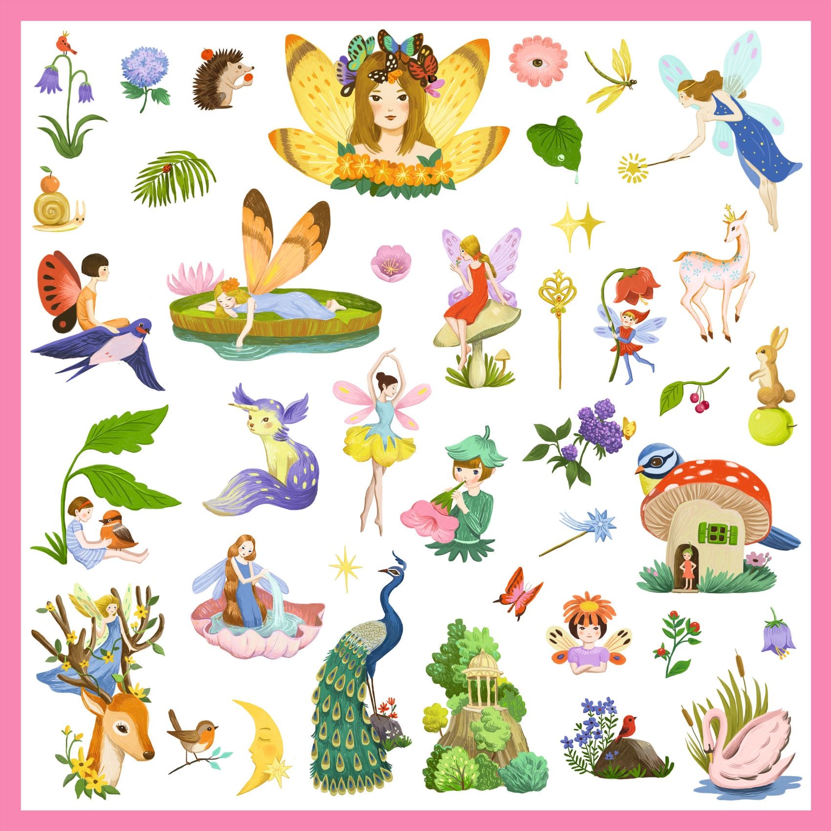Collection of colorful fairy illustrations on a pink background