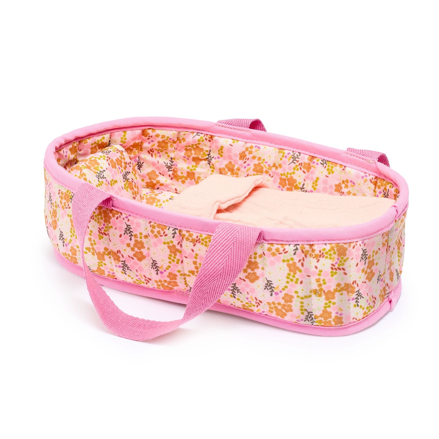 Floral-patterned baby seat with pink trim on a white background