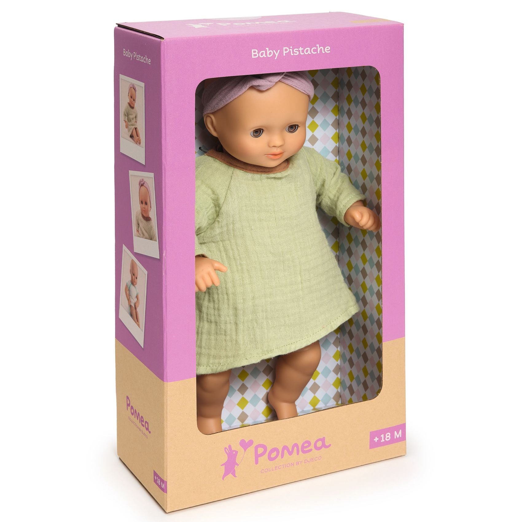 Pomea baby doll in a pink and beige box with images of the doll on the packaging.