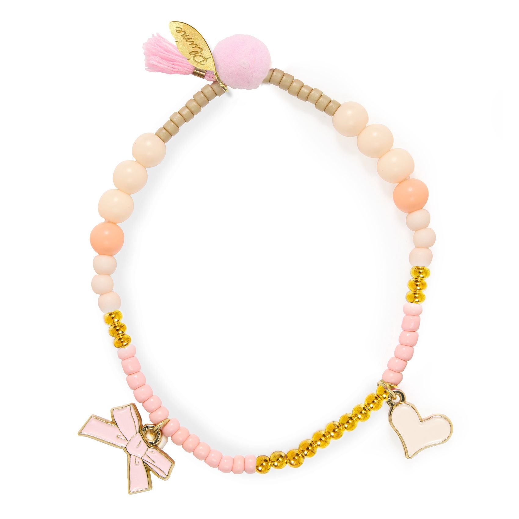 childs ballerina Beaded bracelet with pink tassel, gold chain, and heart charm on a white background