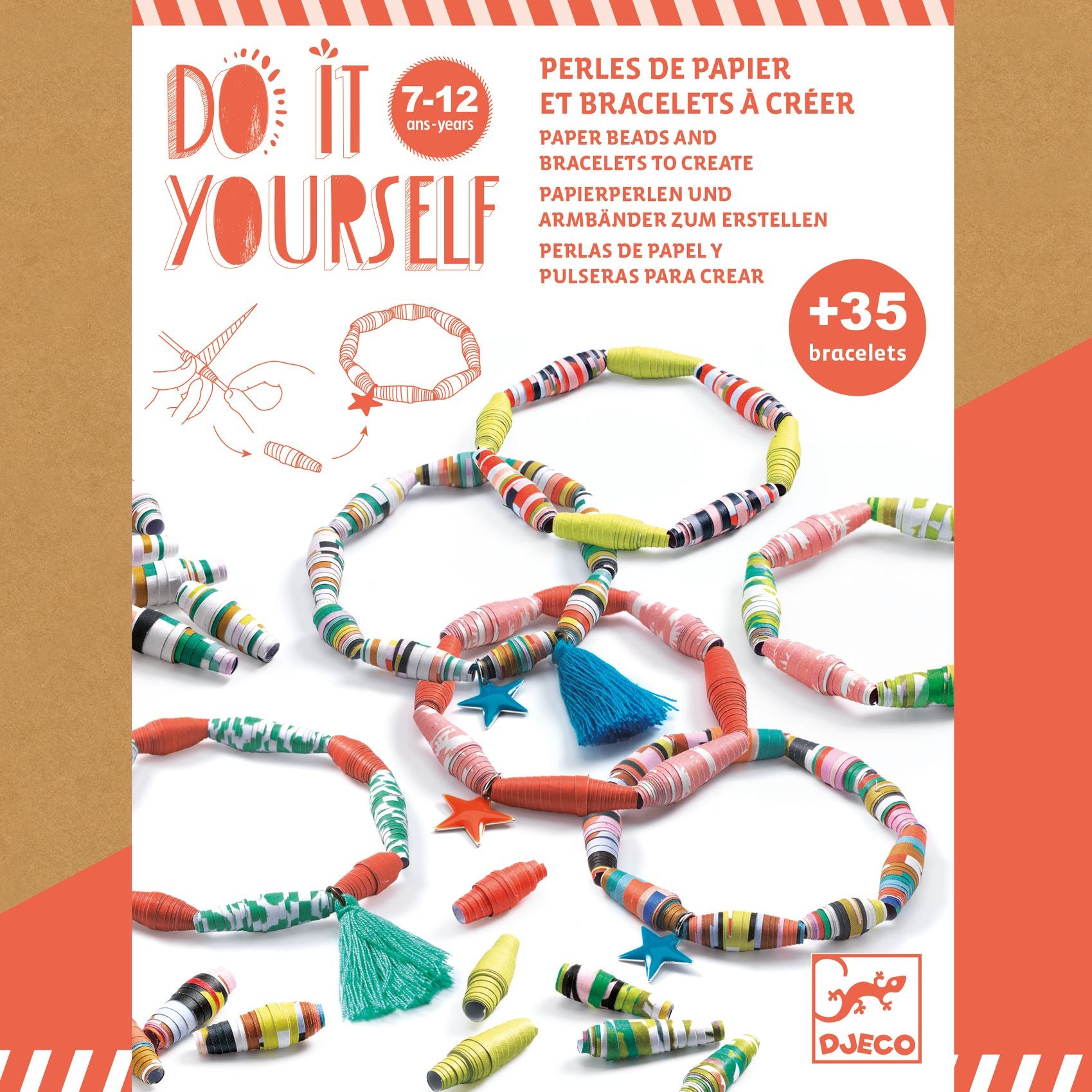 Colorful bracelets on a white background with text and branding
