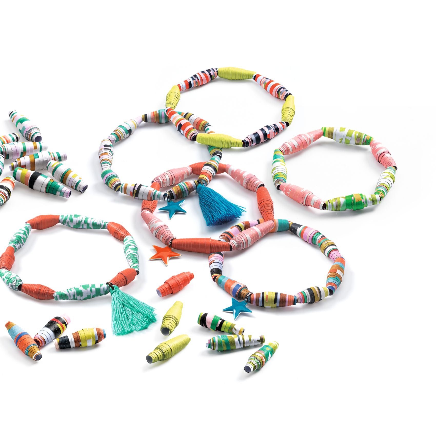 Colorful beaded necklaces and bracelets on a white background