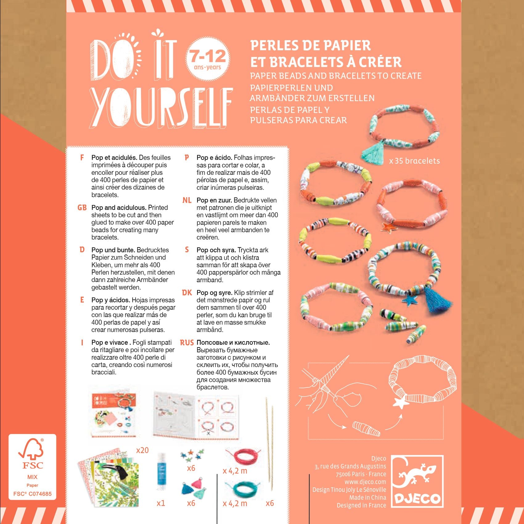 Diy jewelry kit packaging with colorful bracelets and beads on a peach background