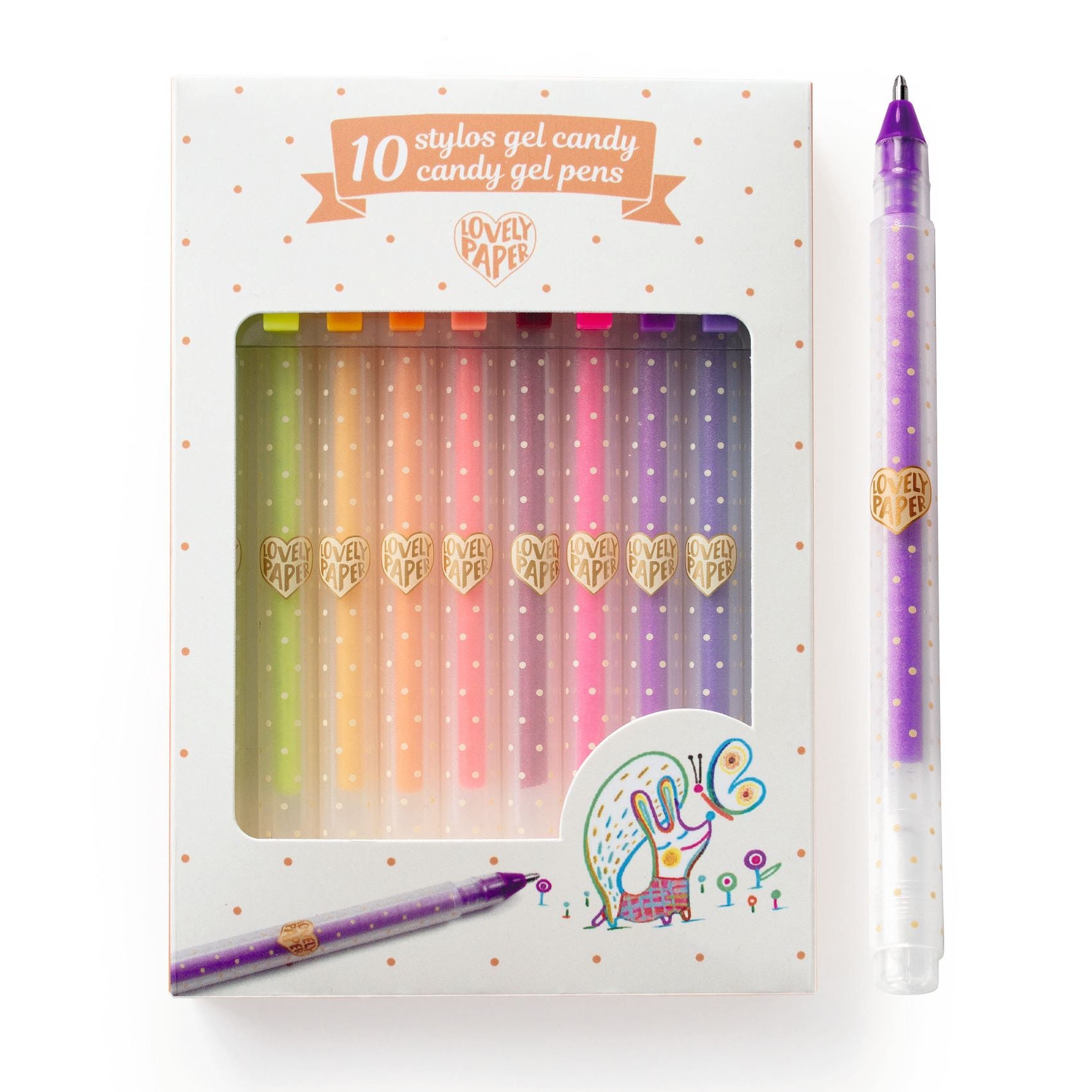 Set of colorful gel pens with packaging and a pen displayed on a white background