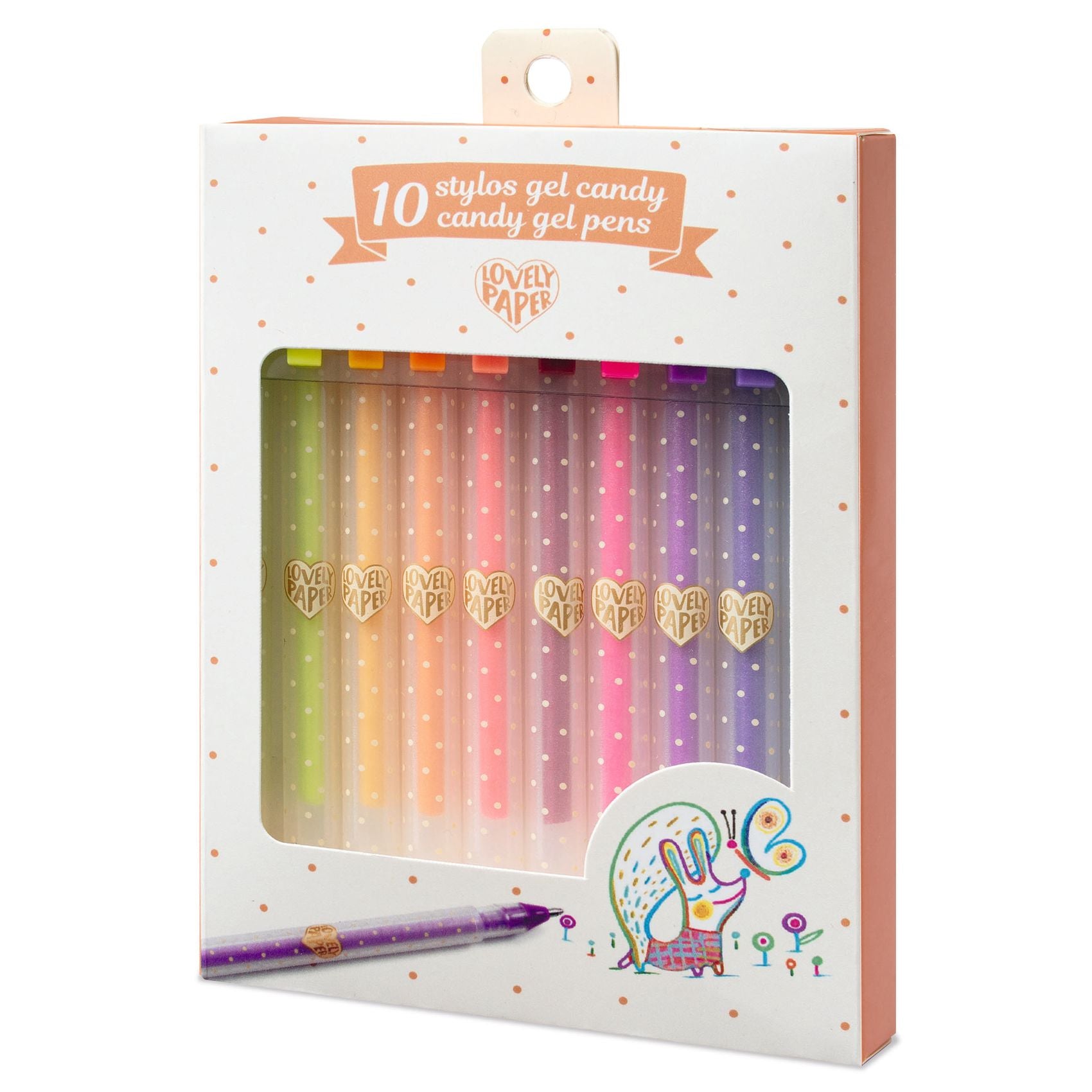 Packaging of 10 colorful gel candy pens with 'Lovely Paper'  Djeco branding.