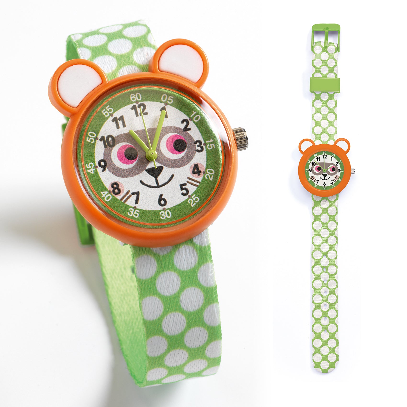Children's watch with green and orange design on a white background