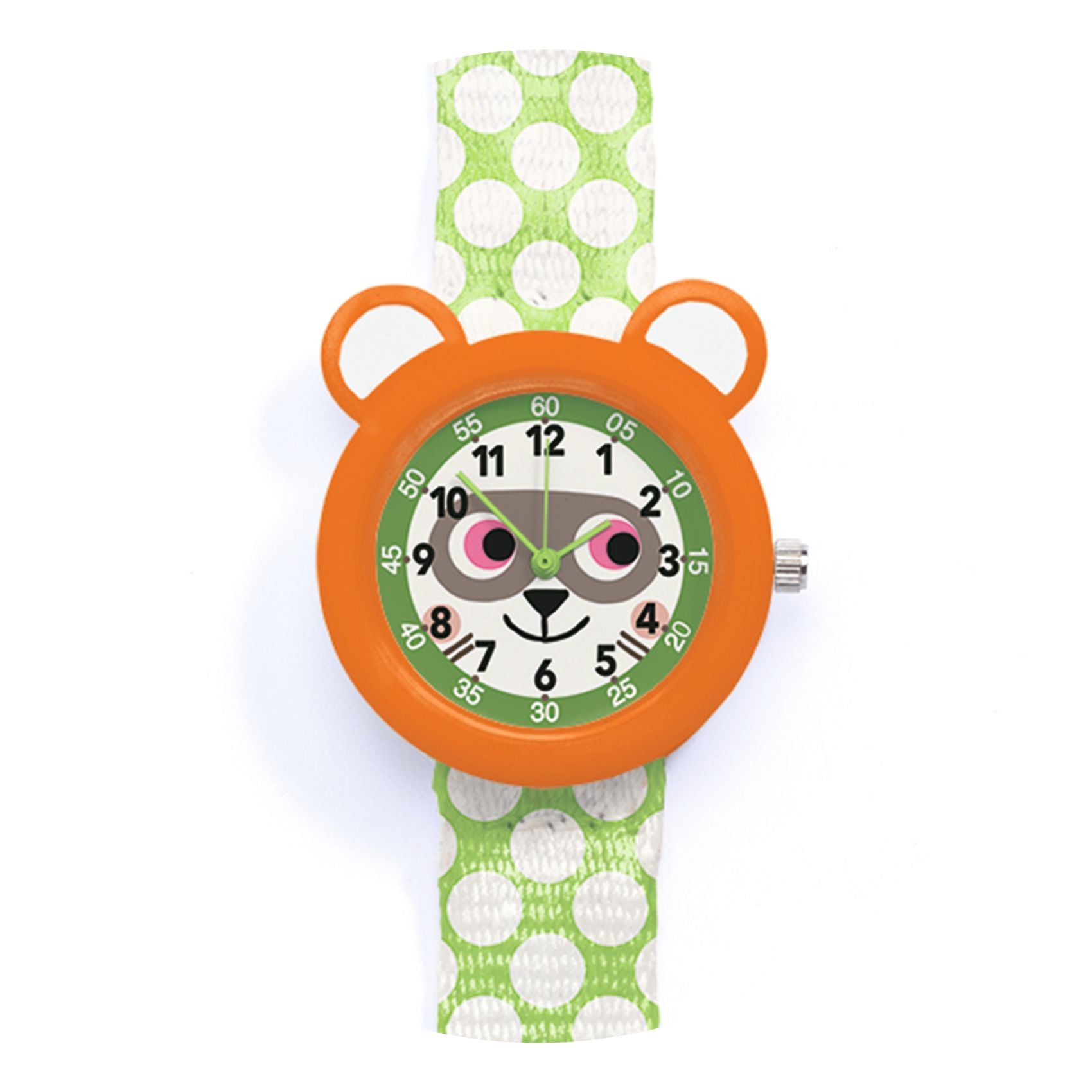 Children's watch with orange frame and green polka dot strap on a white background