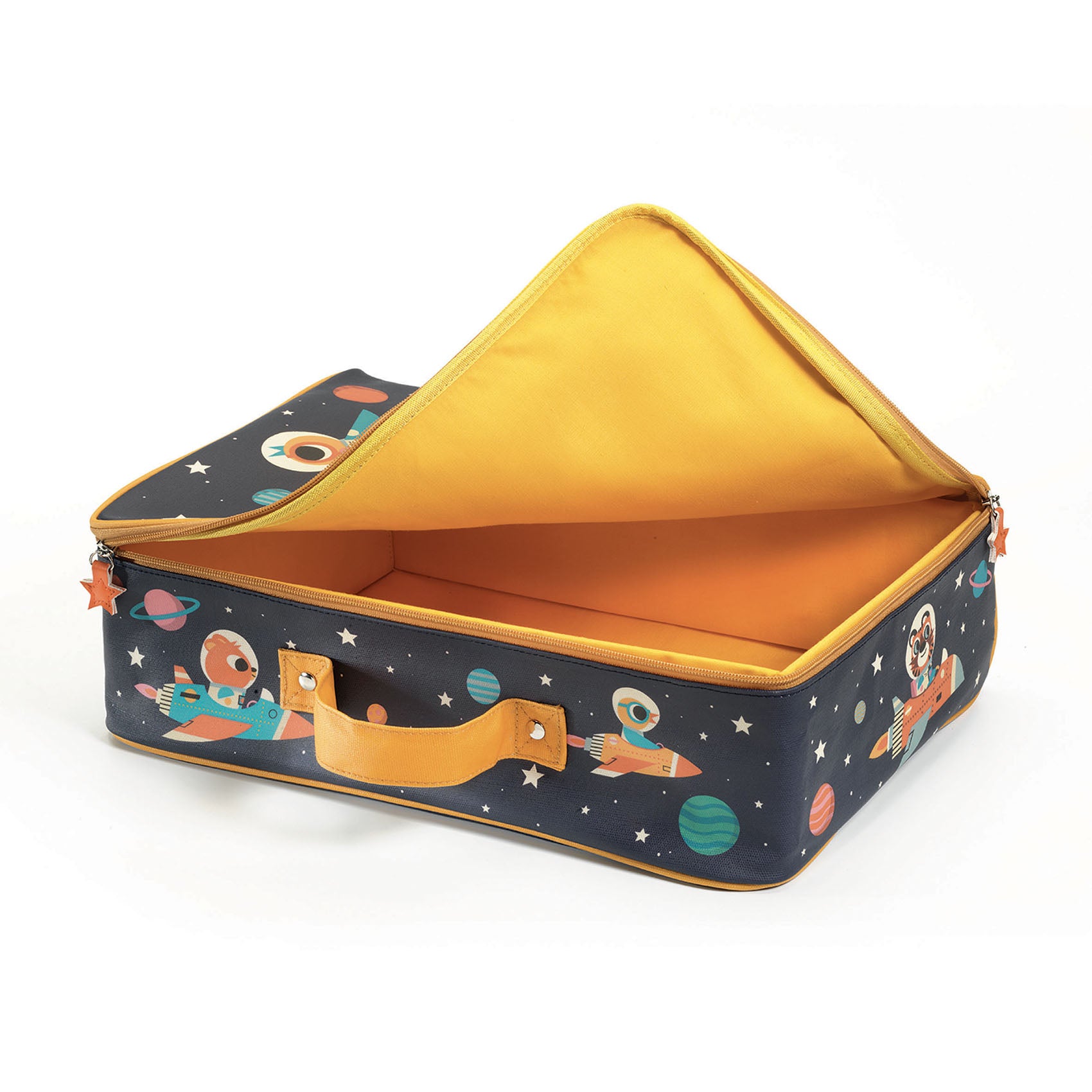Children's suitcase with space-themed design on a white background