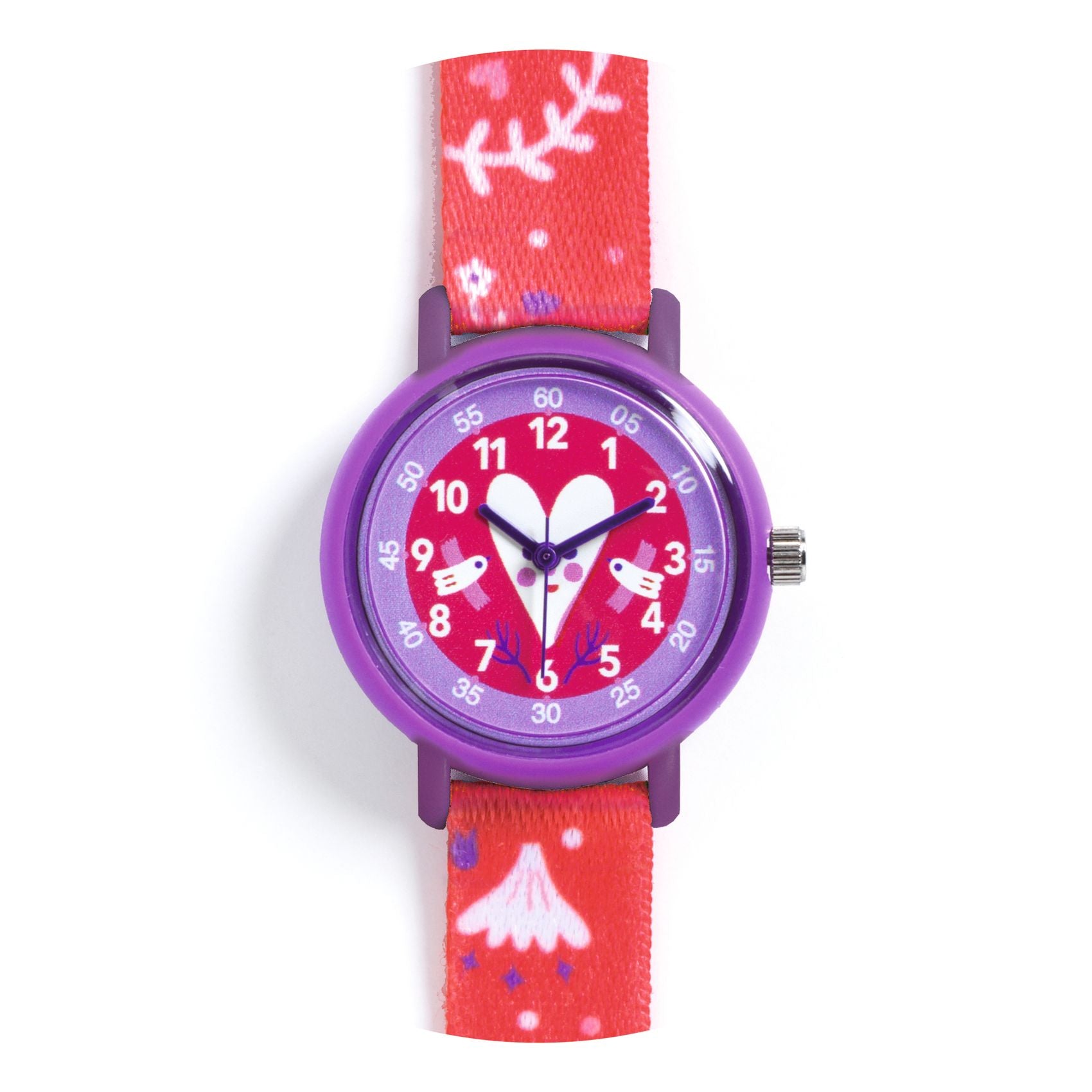 Children's watch with a red strap and purple case on a white background