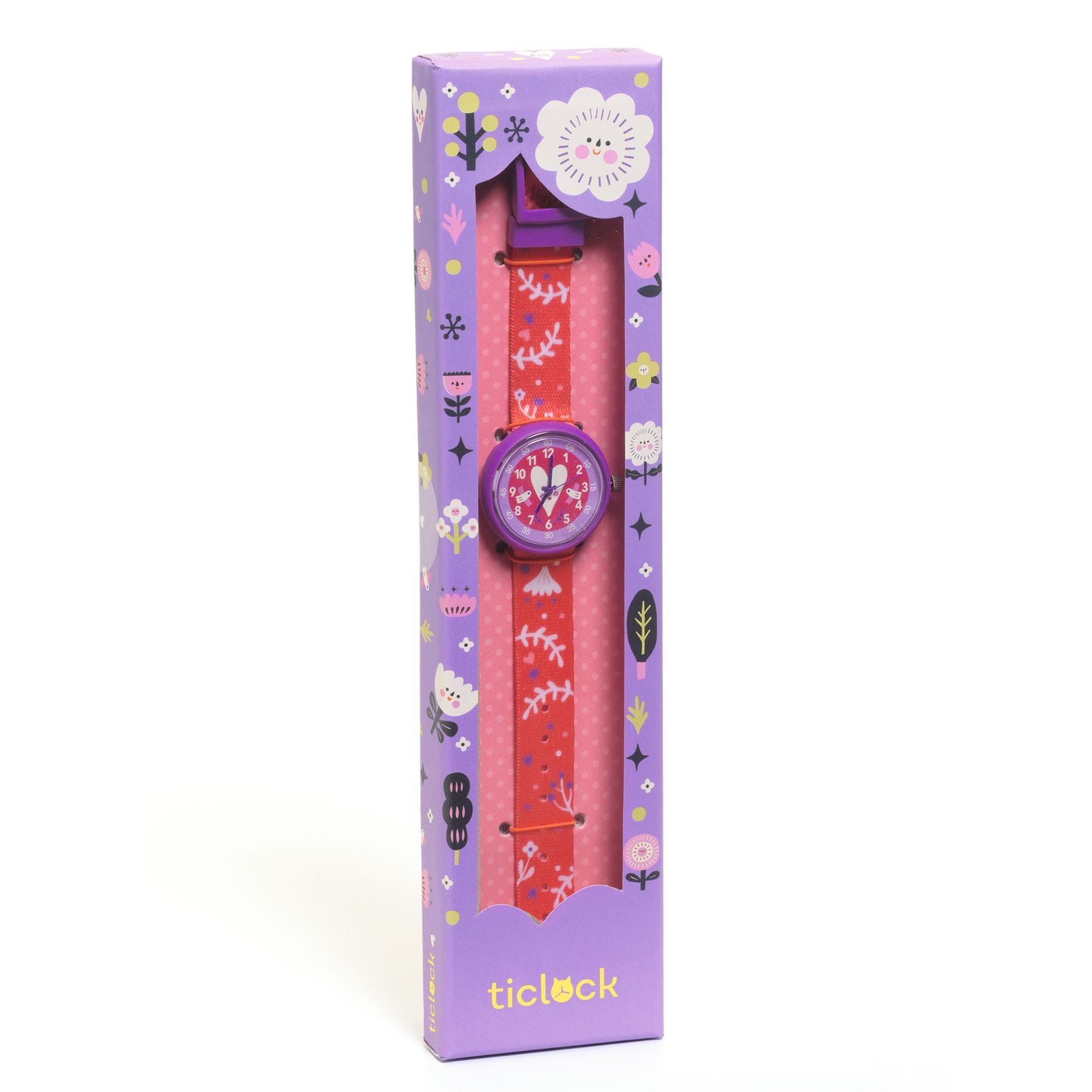 Children's watch with red strap and heart design in a purple box packaging