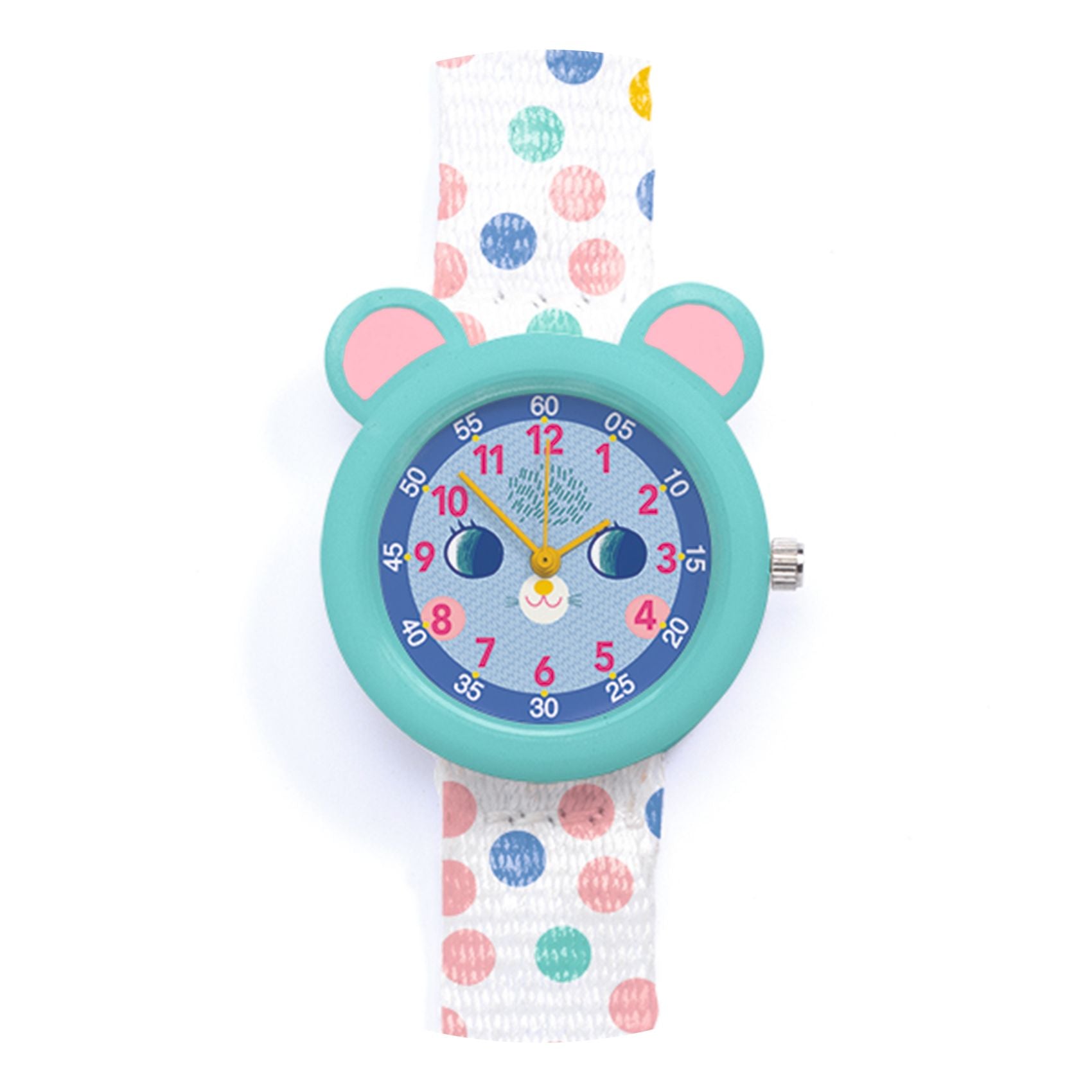 Children's watch with mouse ears and a colorful strap on a white background