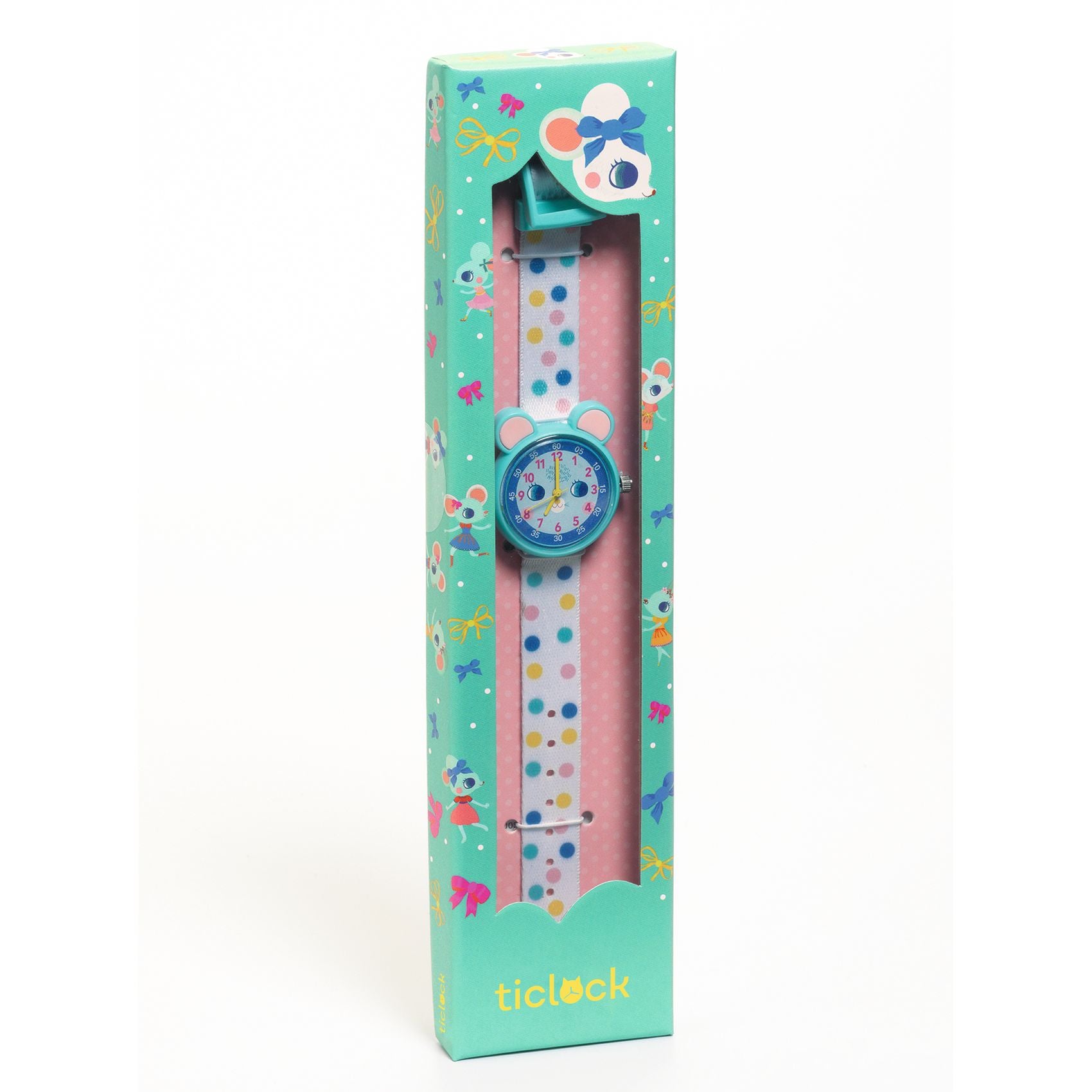 Children's watch with colorful strap in a decorative box on a white background