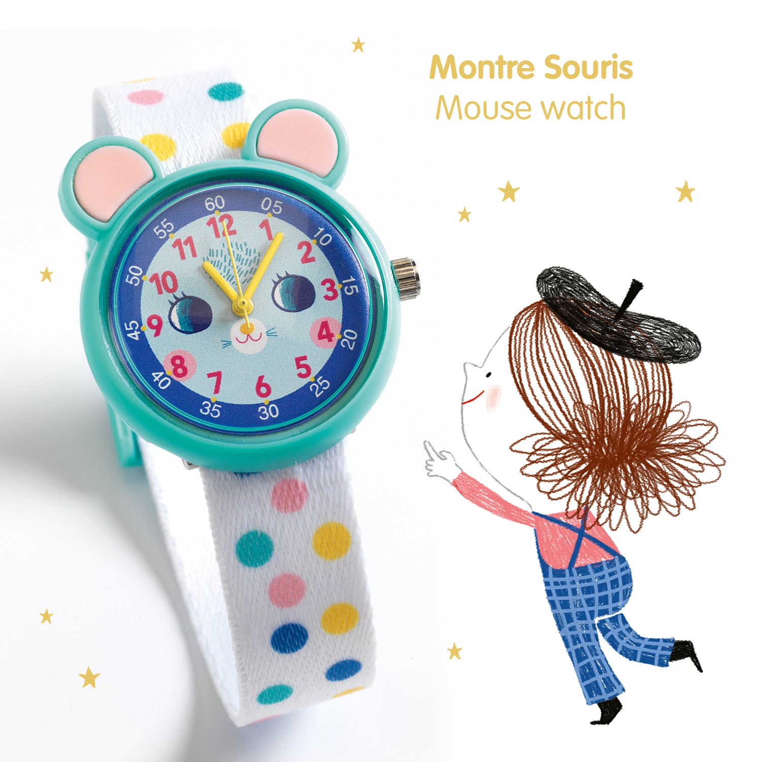 Children's watch with colorful design and illustration of a girl with a hat on a white background