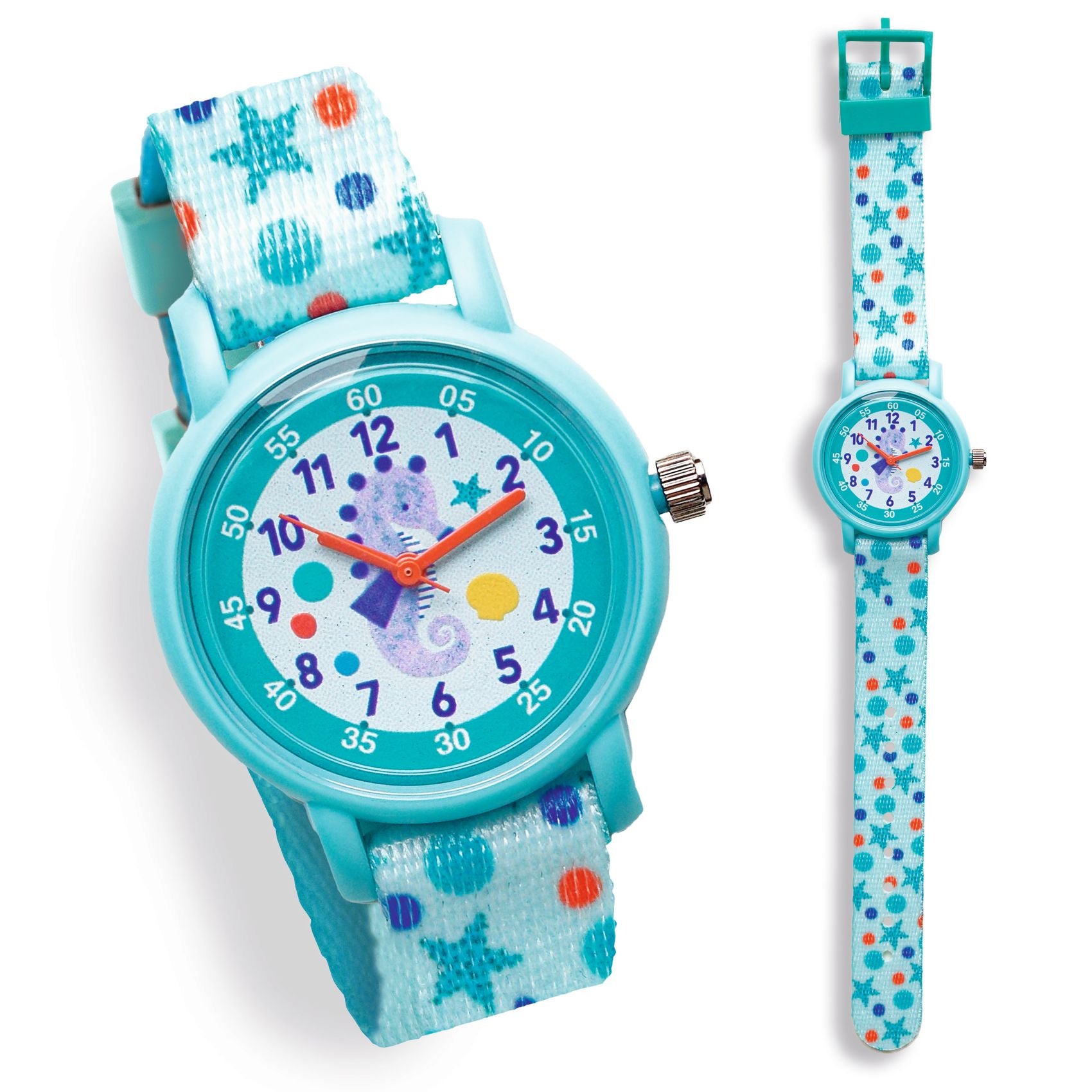 Children's watch with blue strap and colorful design on a white background
