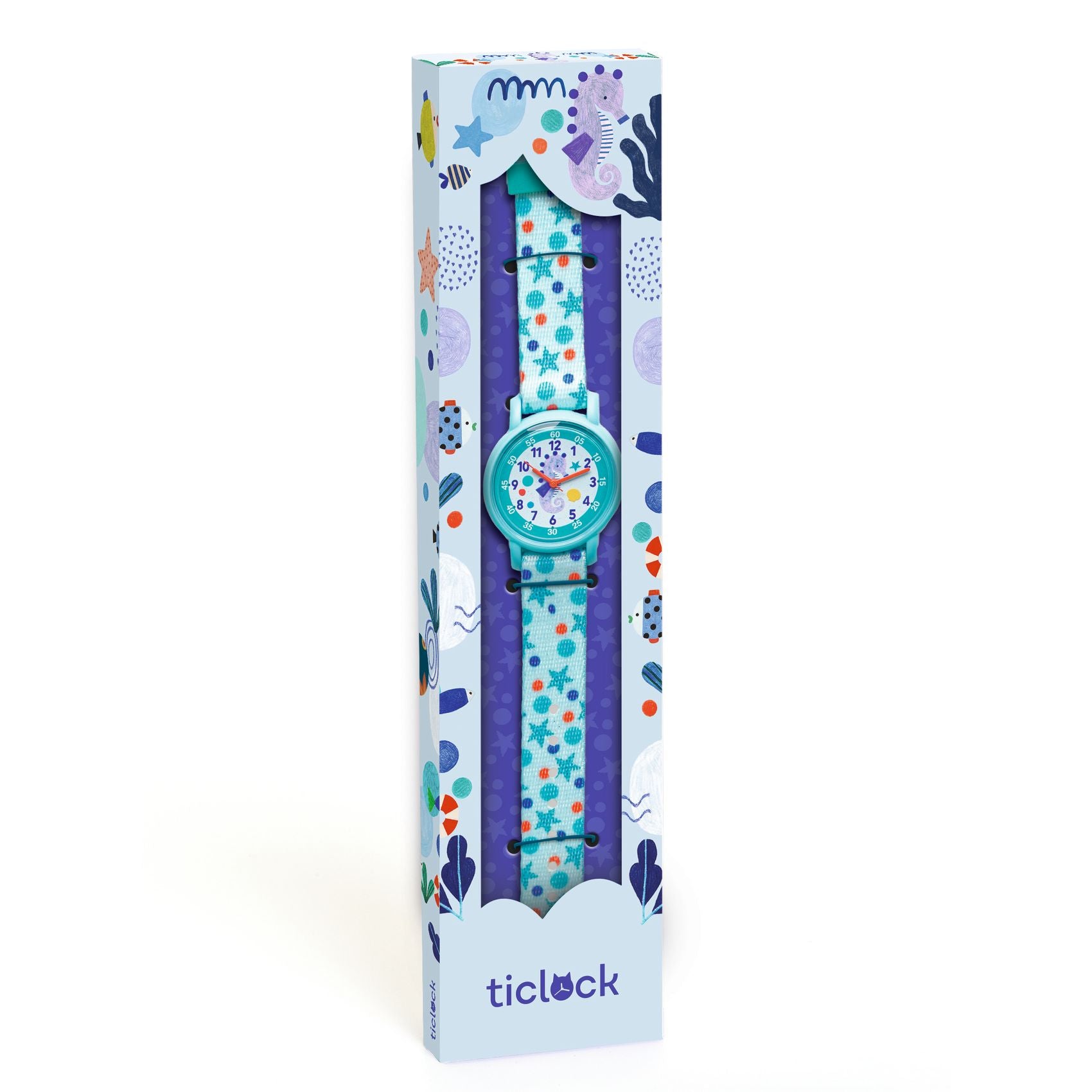 Children's watch with a colorful strap in its packaging on a white background