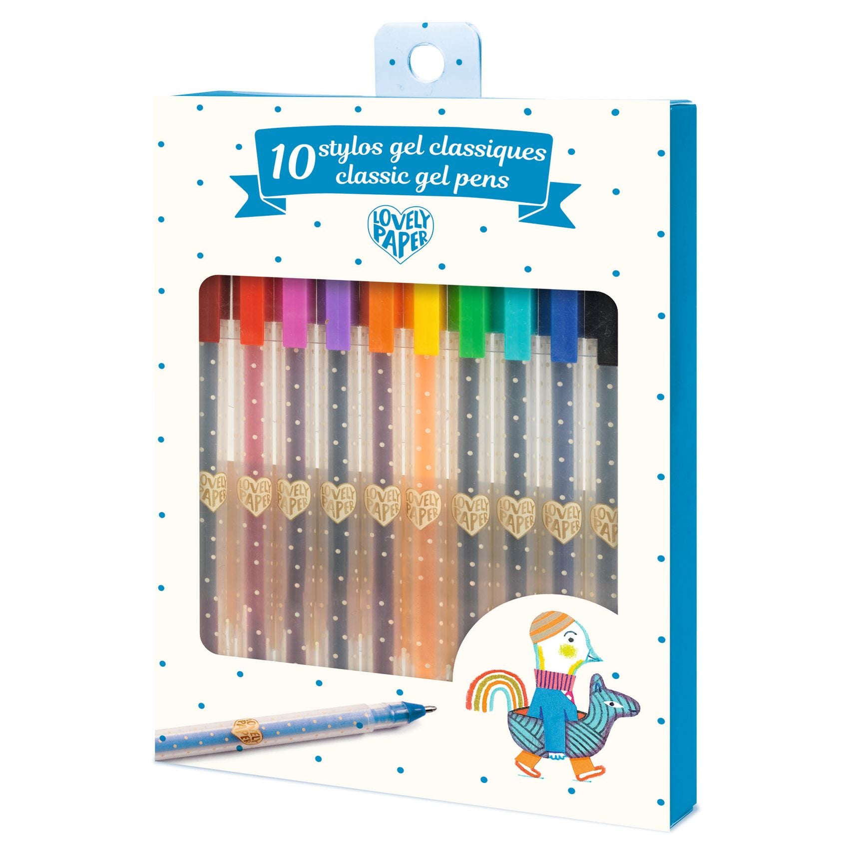 box of 10 colorful gel pens with a cartoon character on a white background