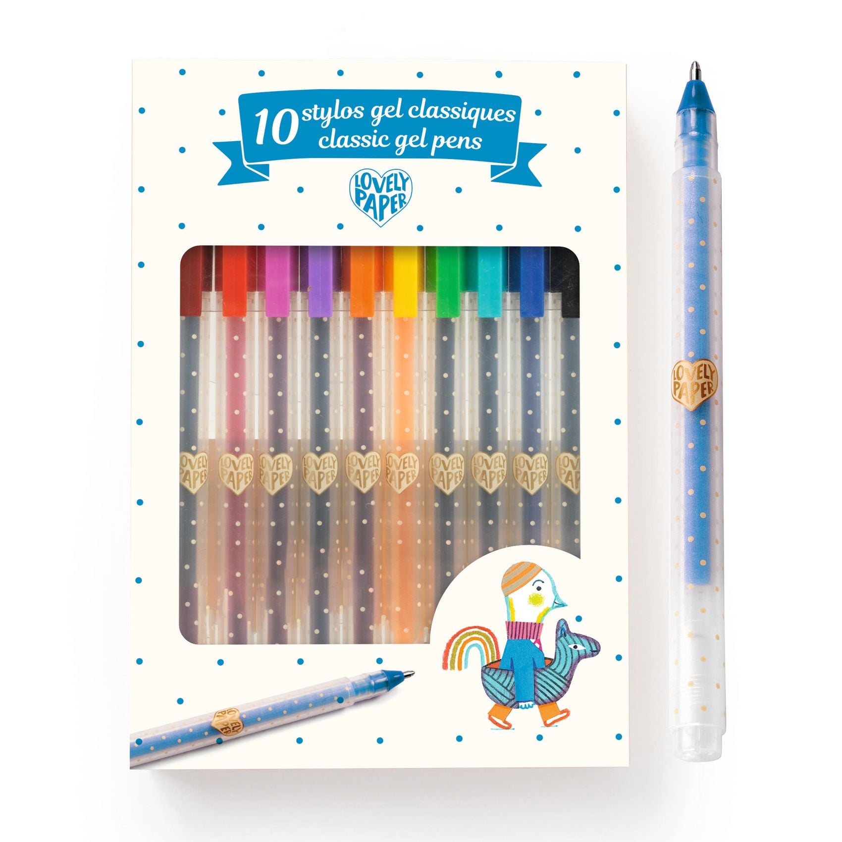 Set of colorful gel pens with packaging featuring a cartoon duck and rainbow.