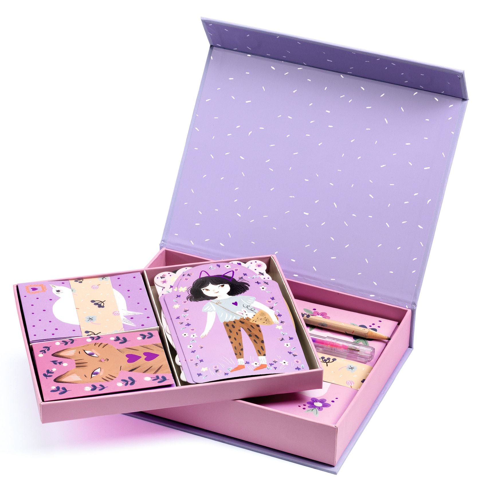Pink and purple gift set with cartoon characters on a white background