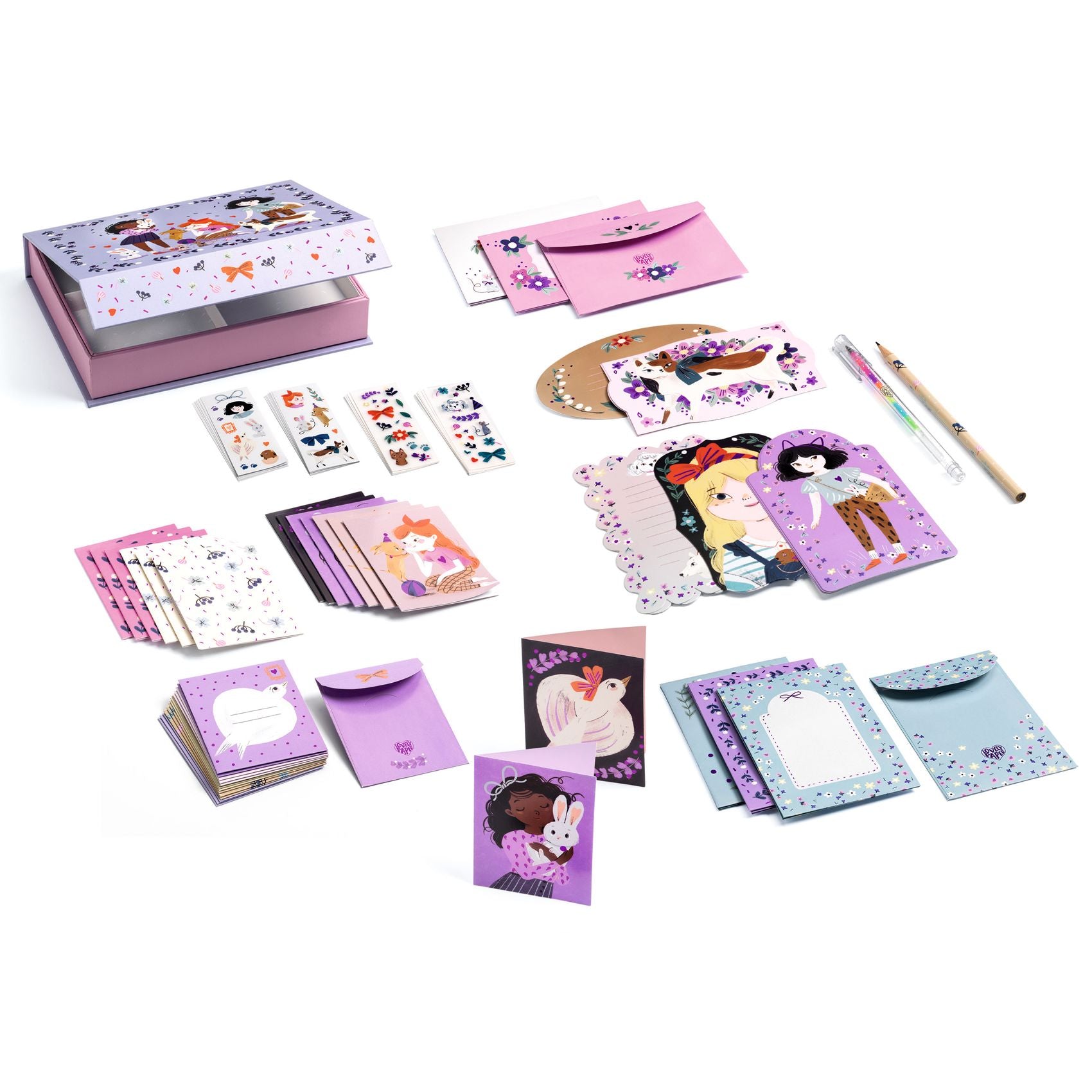 Collection of stationery items including notebooks, cards, and envelopes with a purple and pink color scheme on a white background.