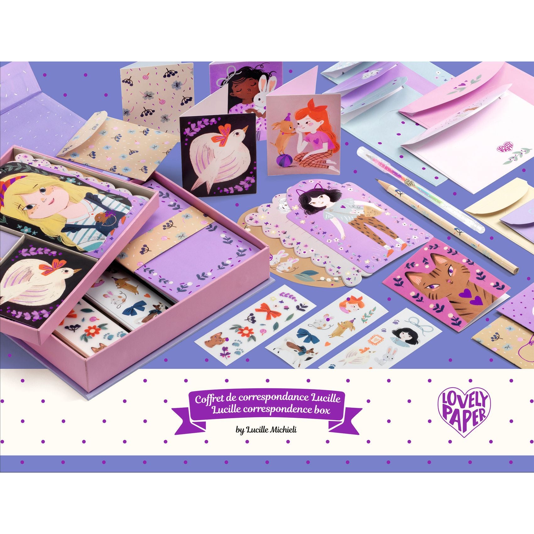 Djeco Lovely Paper stationery set with illustrated envelopes and stationery items on a purple background.