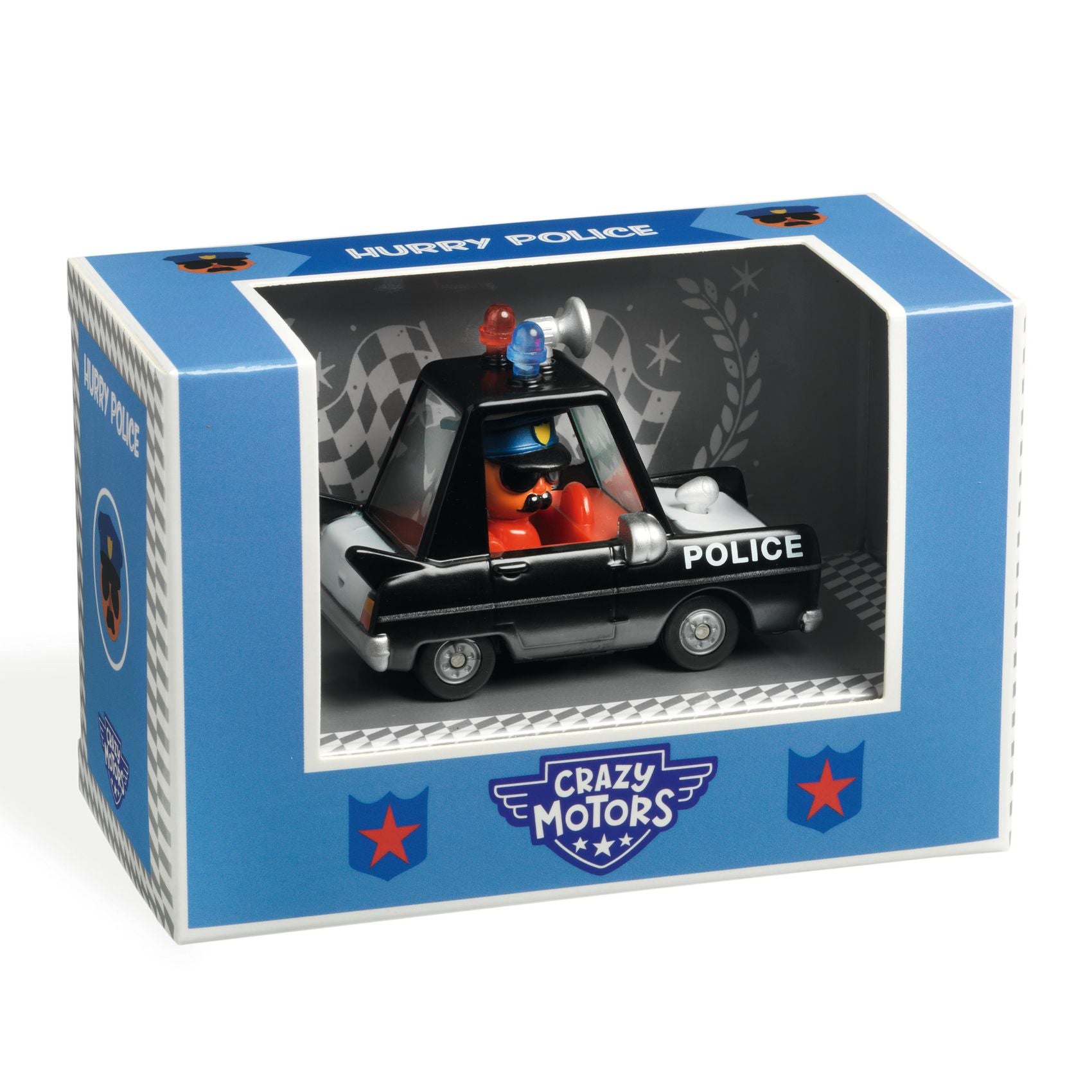 Toy police car in a box with 'Crazy Motors' branding