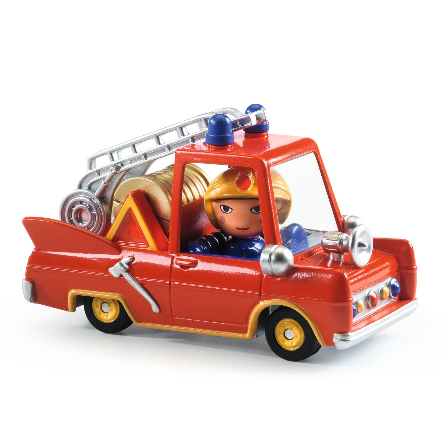 Toy fire truck with a character inside on a white background