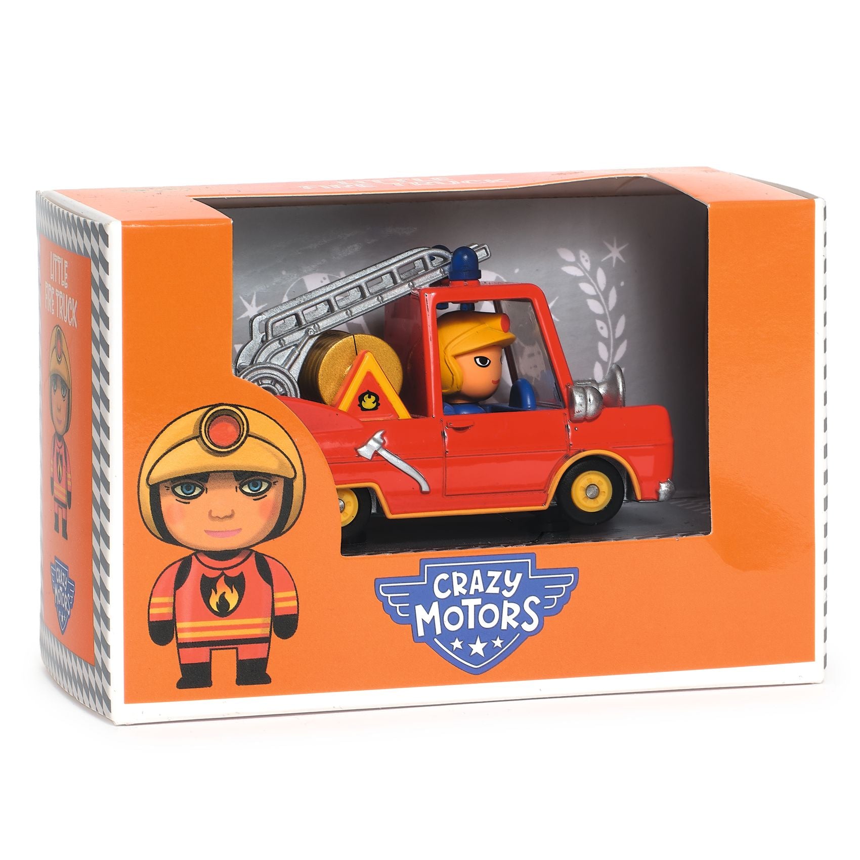 Toy fire truck and figure in packaging with 'Crazy Motors' branding