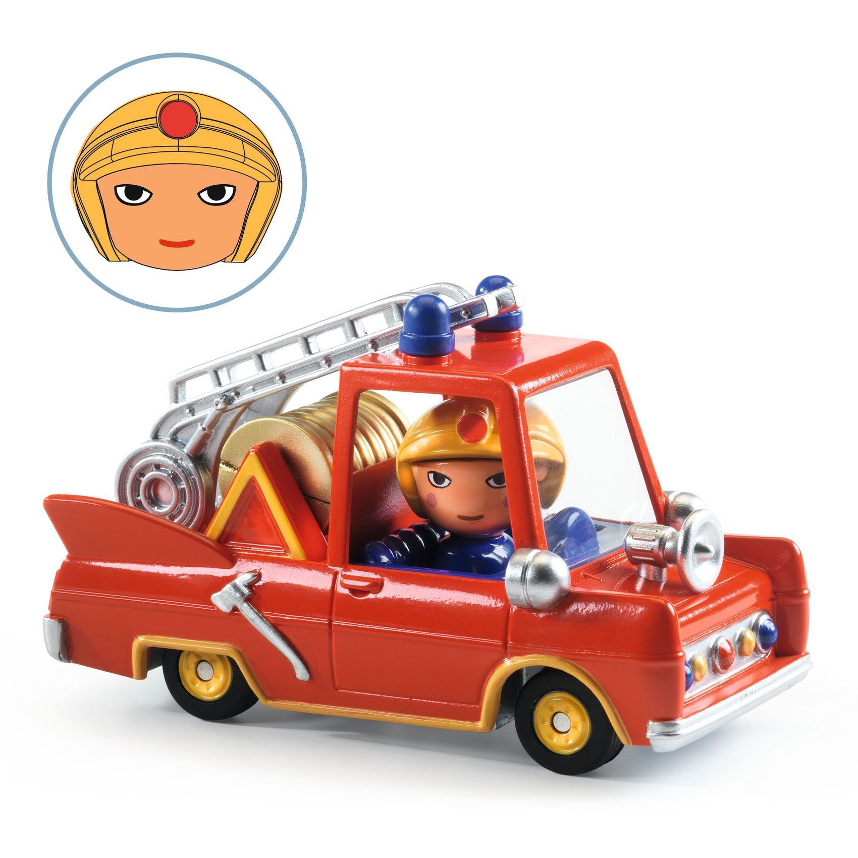 Toy fire truck with a character in a helmet on a white background