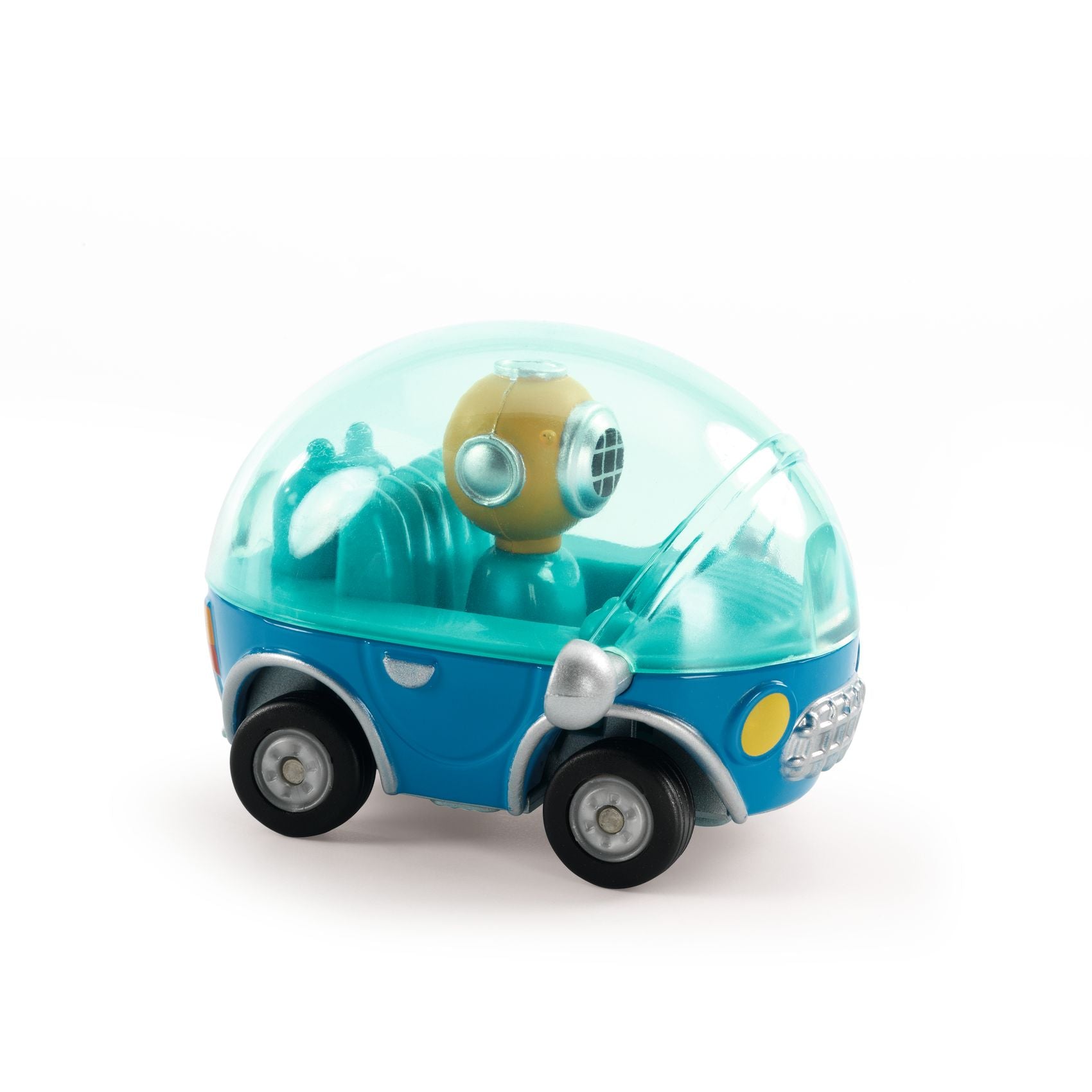 Toy vehicle with a character inside on a white background