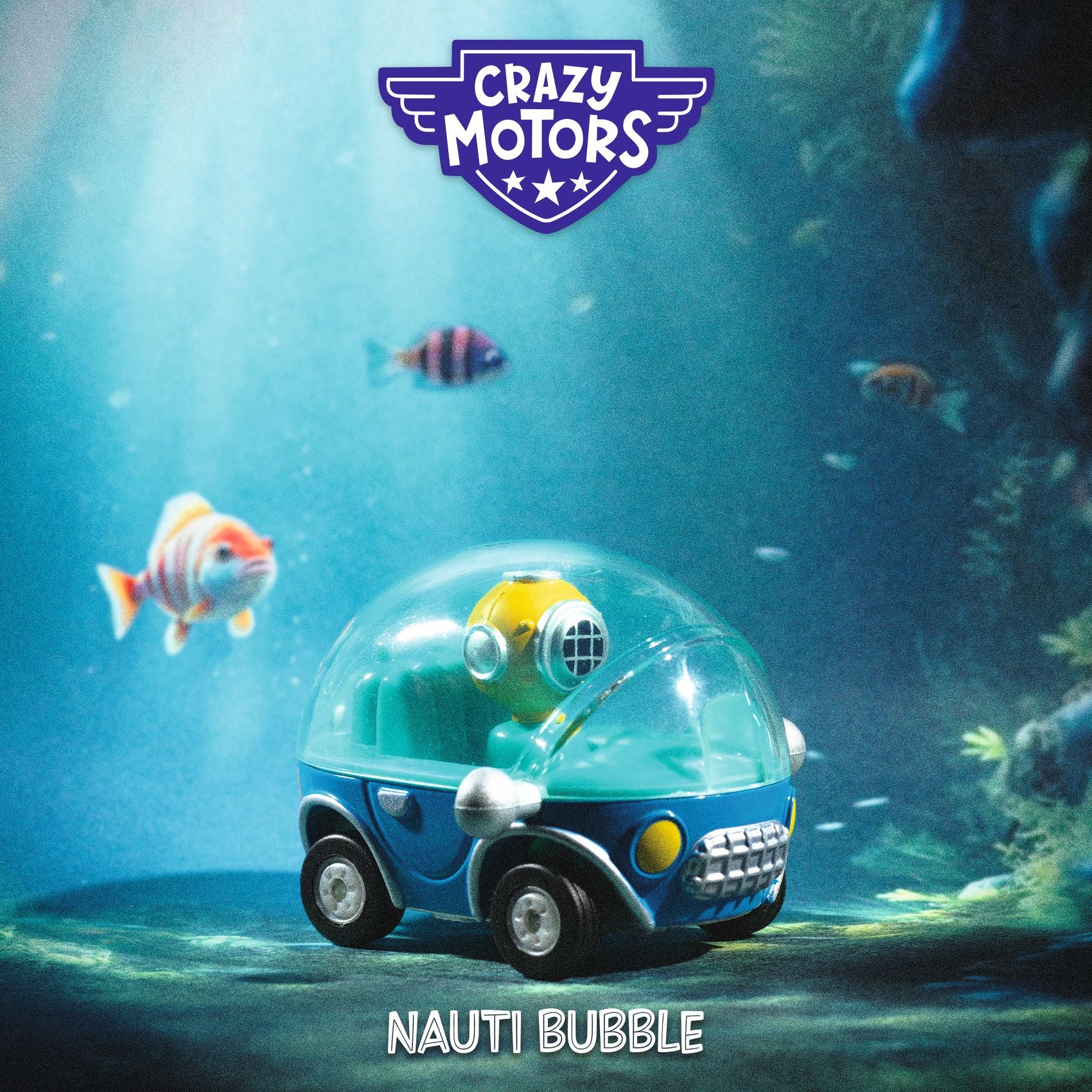 Toy car with bubble dome in an underwater setting, branded 'Crazy Motors'.
