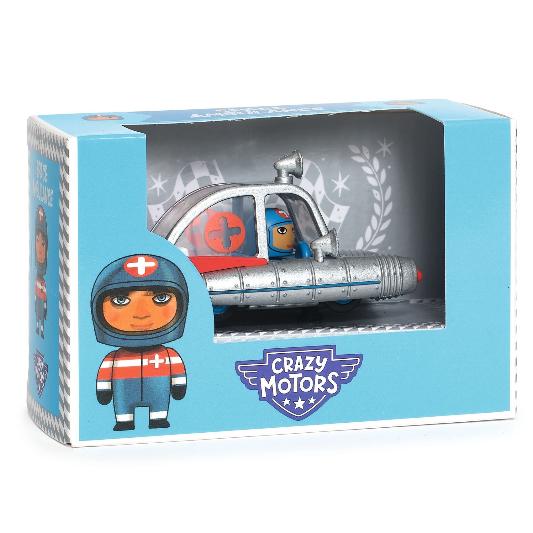 Toy figure in a helmet and jumpsuit with a vehicle in a display box, branded 'Crazy Motors'.
