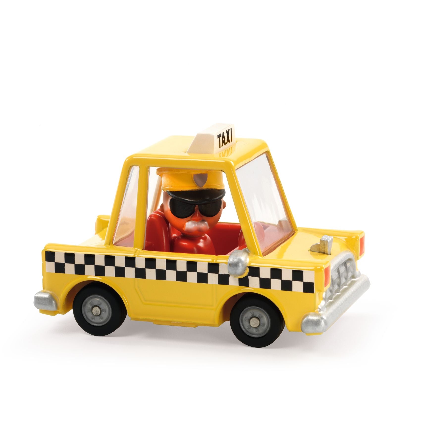 Toy taxi with a character inside on a white background