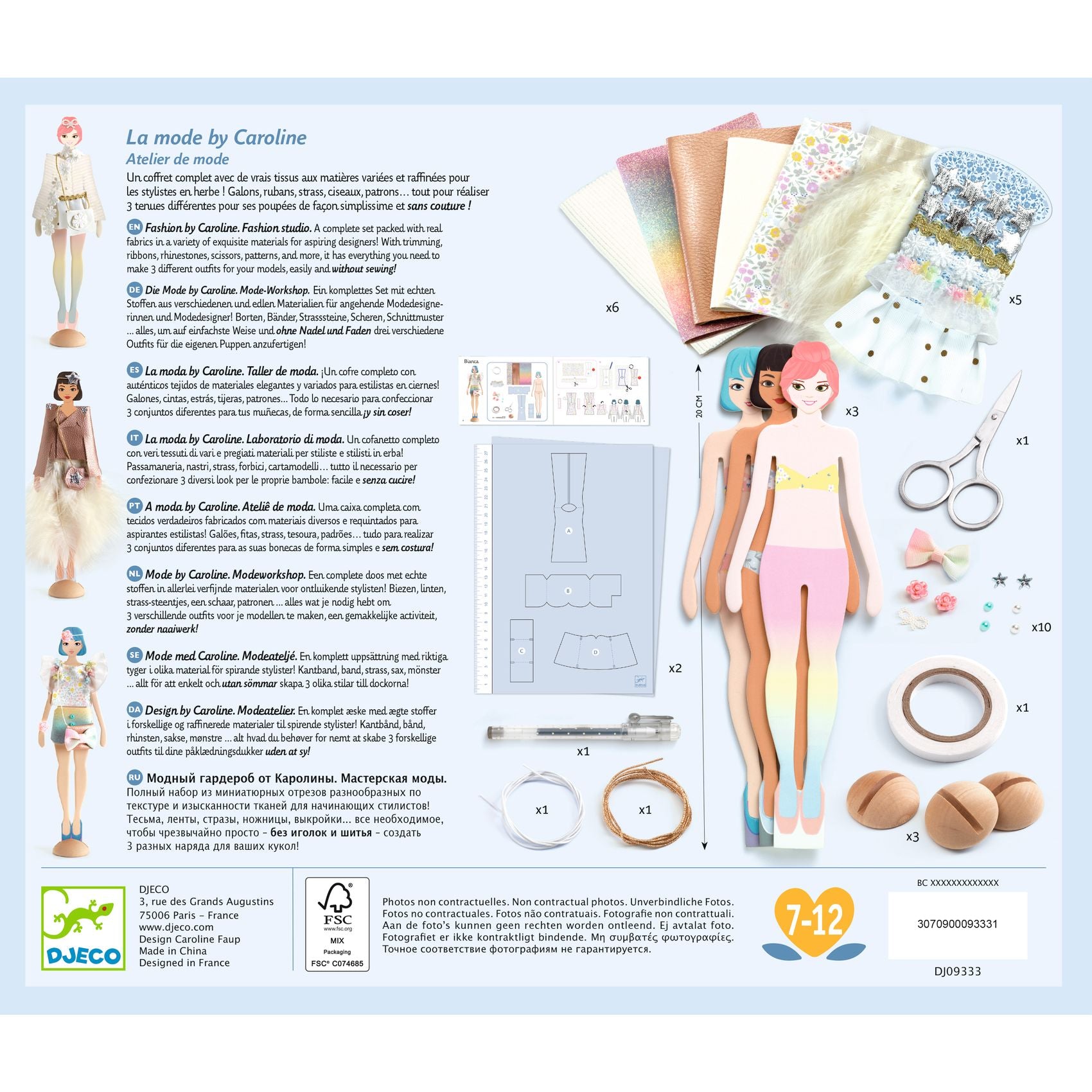 Toy packaging with paper dolls, patterns, and accessories on a blue background