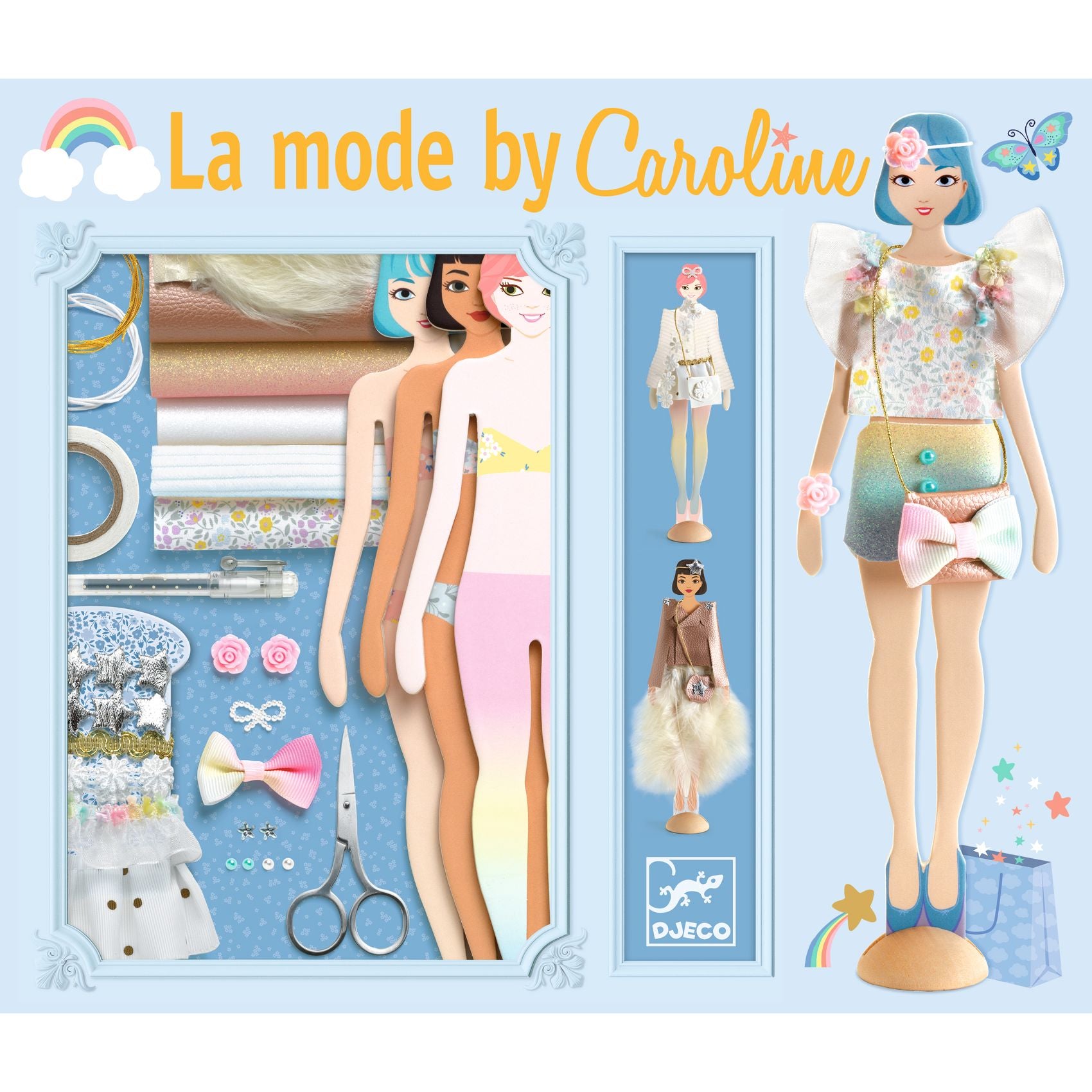 Doll and fashion accessories set with 'La mode by Caroline' branding on a blue background.