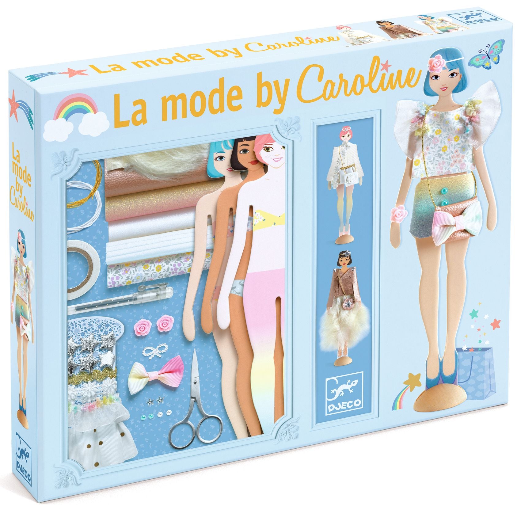 Box for 'La mode by Caroline' doll with fashion items and accessories.