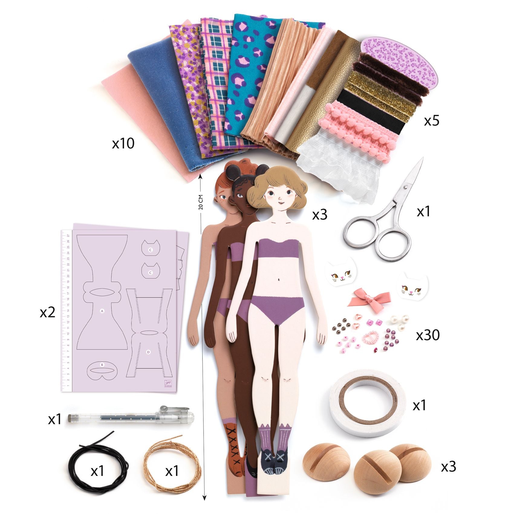 Collection of craft materials including fabric, scissors, paper dolls, and tools on a white background