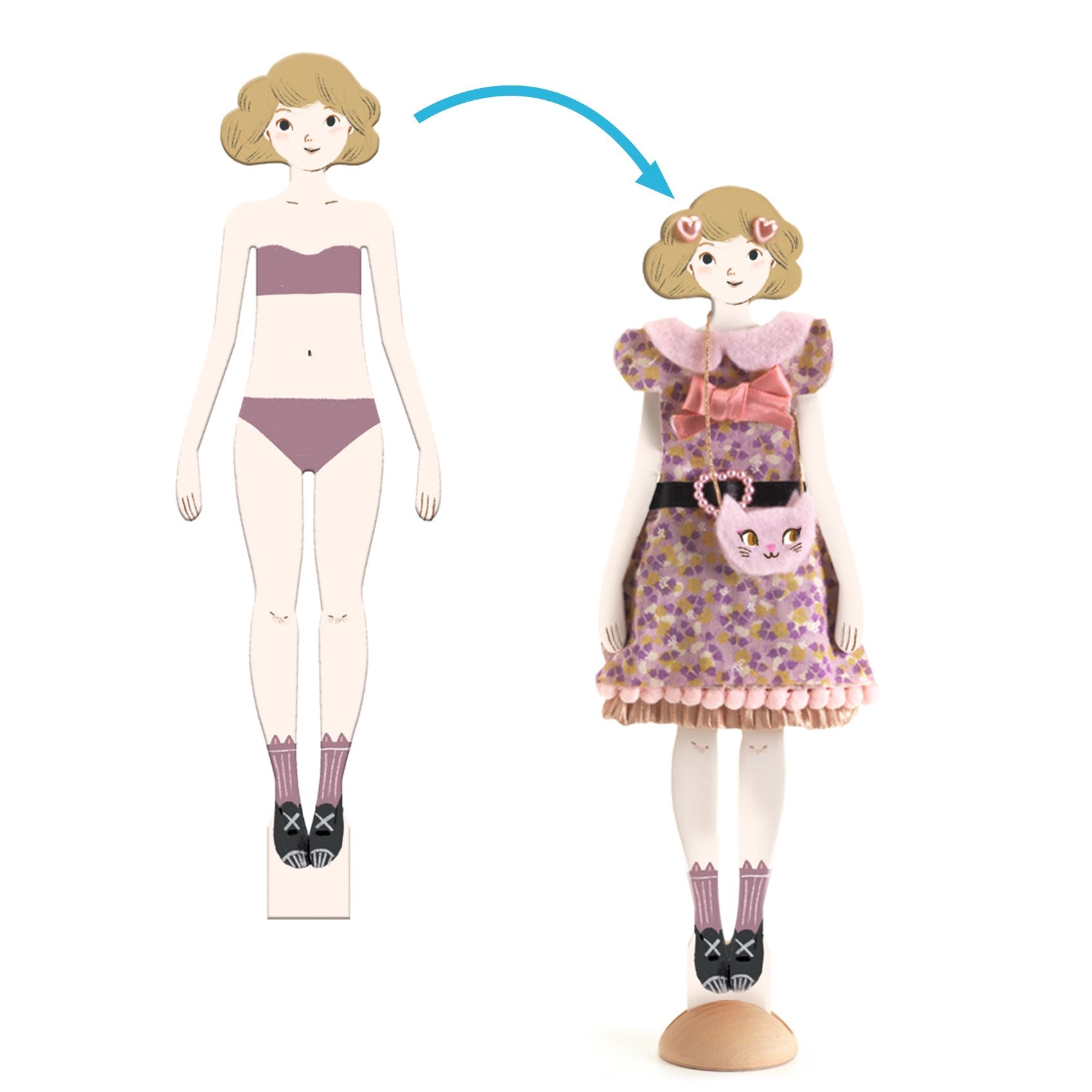 Paper doll with a plain body and a dressed-up version with a floral dress and pink shoes.